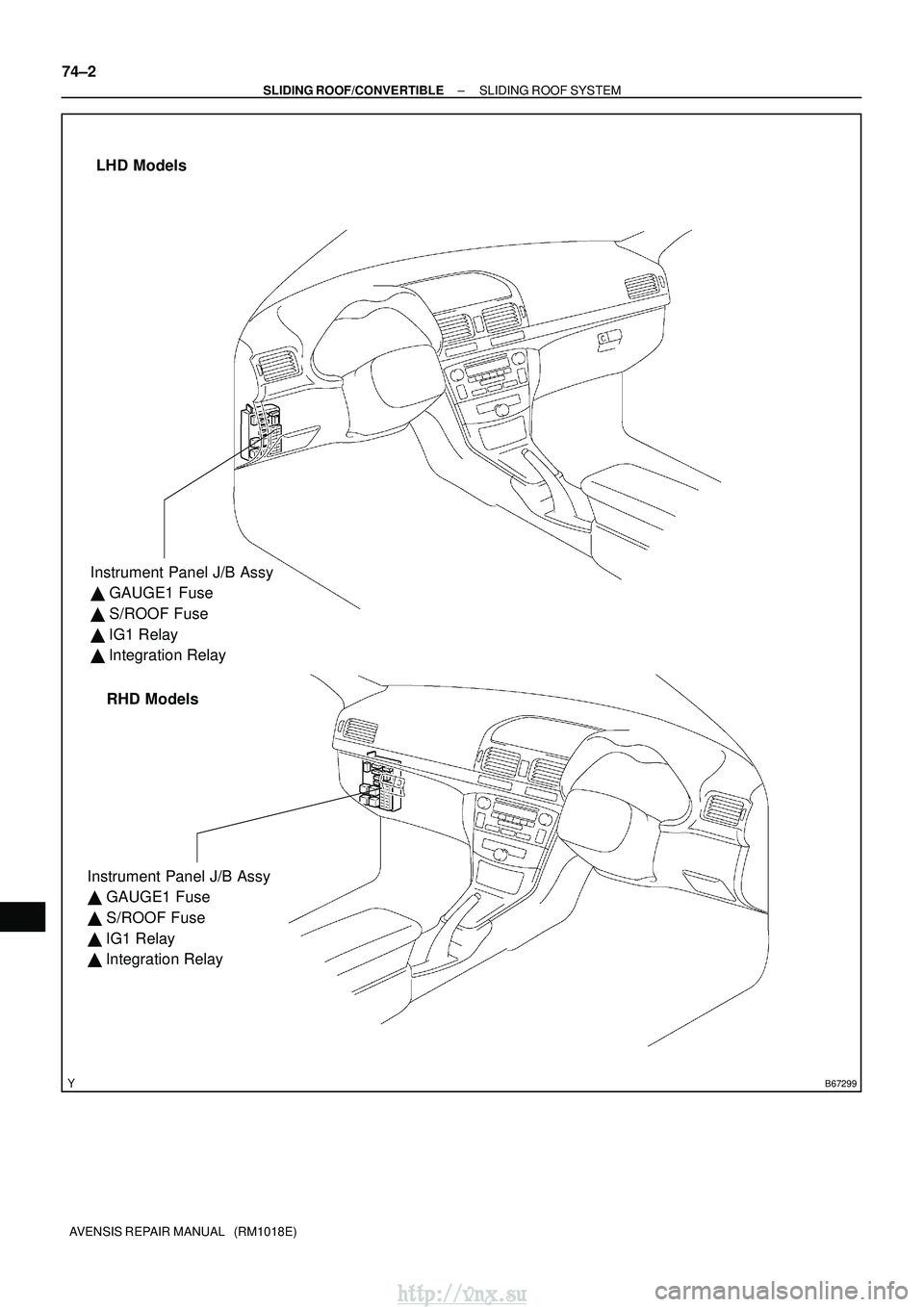 TOYOTA AVENSIS 2003  Service Repair Manual B67299
LHD ModelsRHD Models
Instrument Panel J/B Assy
  GAUGE1 Fuse
  S/ROOF Fuse
  IG1 Relay
  Integration Relay
Instrument Panel J/B Assy
 GAUGE1 Fuse
  S/ROOF Fuse
  IG1 Relay
  Integration