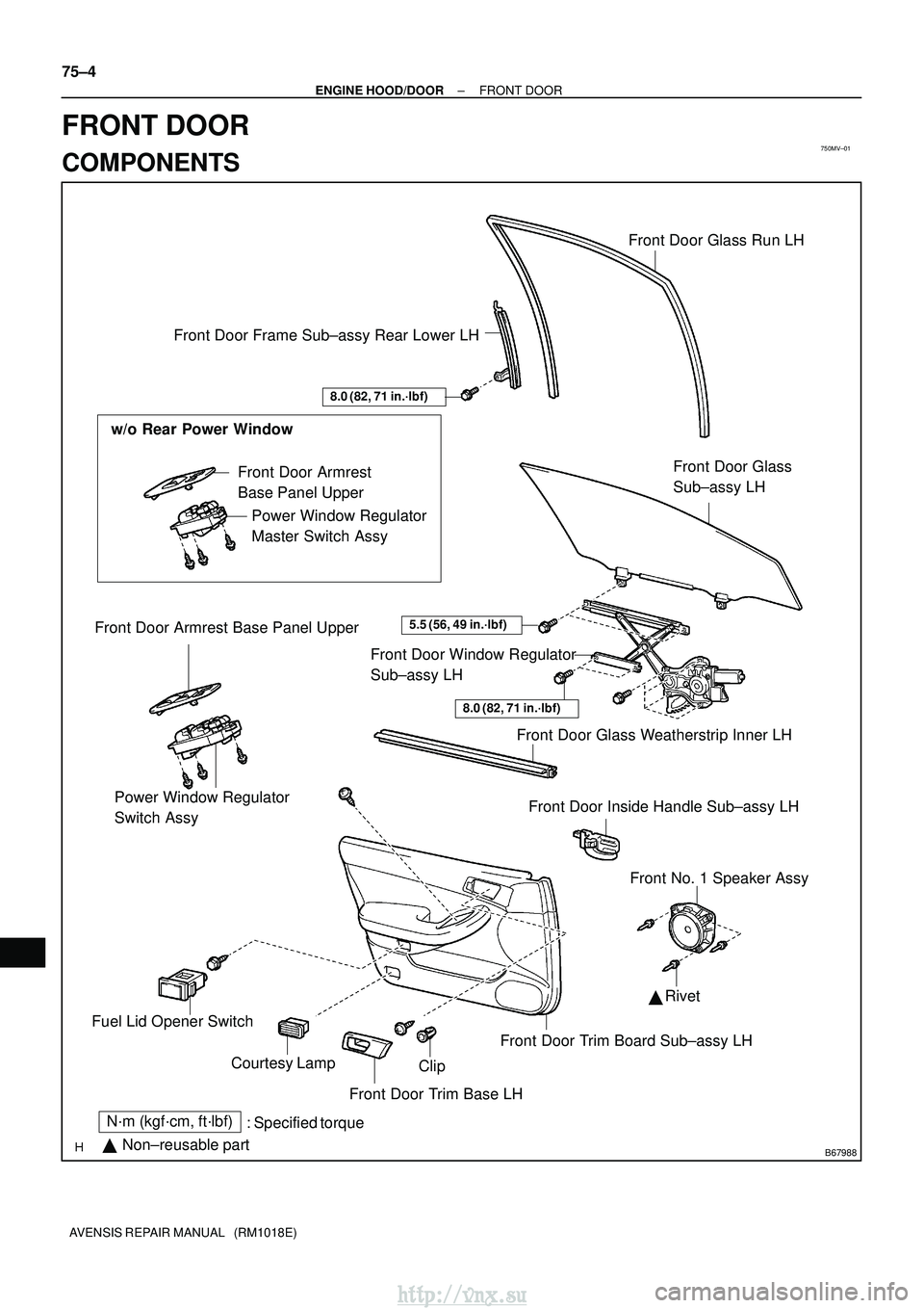 TOYOTA AVENSIS 2003  Service Repair Manual 750MV±01
B67988
Front Door Glass 
Sub±assy LH
Front Door Glass Run LH
Front Door Frame Sub±assy Rear Lower LH
8.0 (82, 71 in.´lbf)
Front Door Glass Weatherstrip Inner LH
Front Door Trim Board Sub