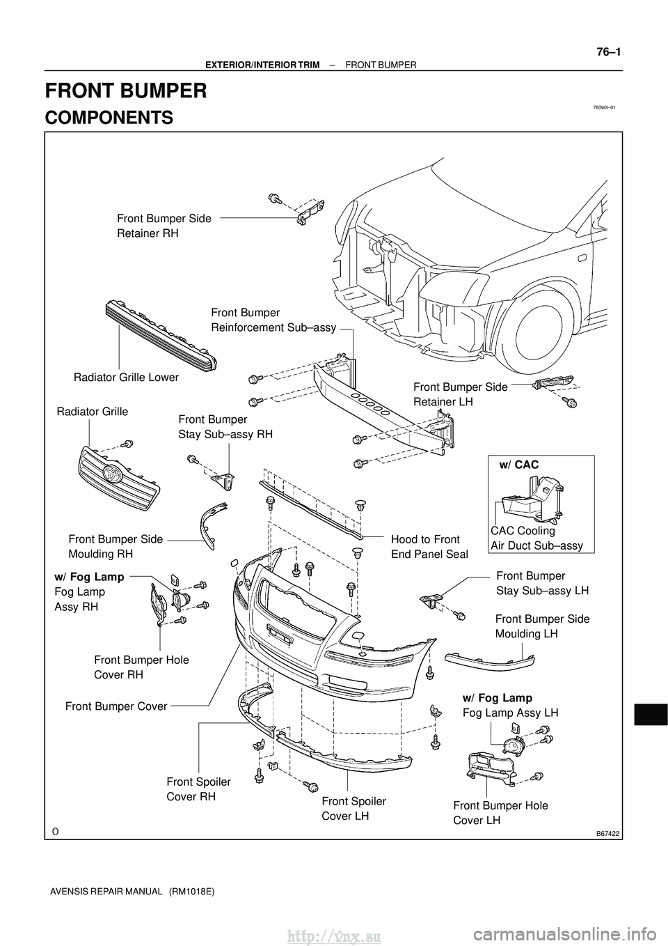 TOYOTA AVENSIS 2003  Service Repair Manual 760WX±01
B67422
Front Bumper CoverCAC Cooling
Air Duct Sub±assy
Front Bumper 
Reinforcement Sub±assy
Front Bumper Side 
Retainer LH
Front Bumper Side 
Retainer RH
w/ Fog Lamp
Fog Lamp 
Assy RH Fron