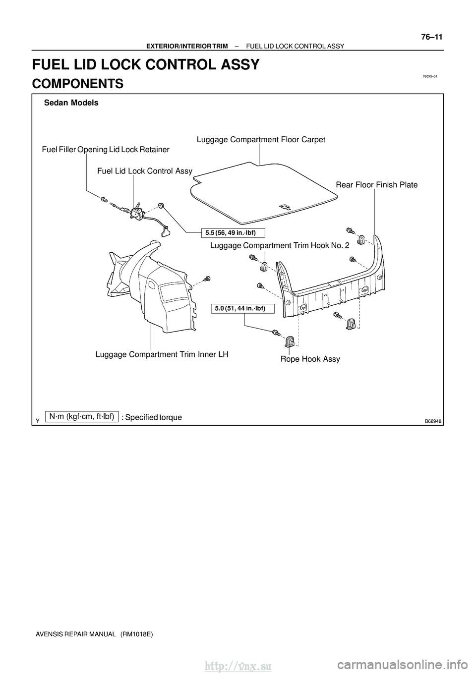 TOYOTA AVENSIS 2003 Service Repair Manual 760X5±01
B68948
Sedan ModelsLuggage Compartment Trim Hook No. 2Rope Hook Assy
Luggage Compartment Floor Carpet
Luggage Compartment Trim Inner LH
5.0 (51, 44 in.´lbf)
: Specified torqueN´m (kgf´cm, TOYOTA AVENSIS 2003 Service Repair Manual 760X5±01
B68948
Sedan ModelsLuggage Compartment Trim Hook No. 2Rope Hook Assy
Luggage Compartment Floor Carpet
Luggage Compartment Trim Inner LH
5.0 (51, 44 in.´lbf)
: Specified torqueN´m (kgf´cm,