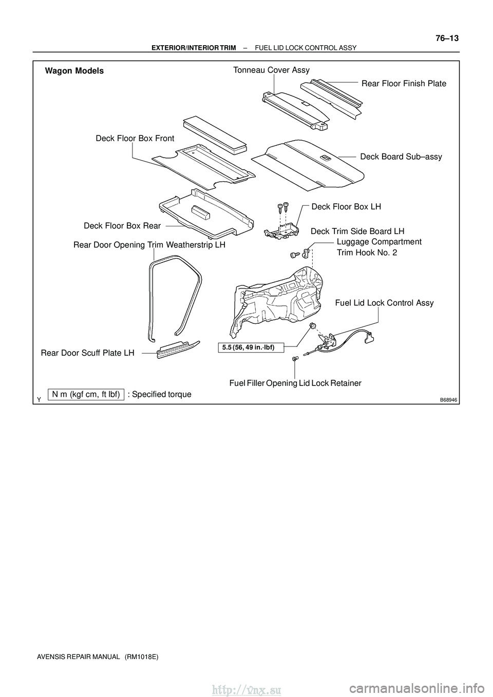 TOYOTA AVENSIS 2003 Service Repair Manual B68946
Wagon ModelsFuel Lid Lock Control Assy
Fuel Filler Opening Lid Lock Retainer
Deck Trim Side Board LH Luggage Compartment
Trim Hook No. 2
Tonneau Cover Assy
Deck Board Sub±assy
Deck Floor Box TOYOTA AVENSIS 2003 Service Repair Manual B68946
Wagon ModelsFuel Lid Lock Control Assy
Fuel Filler Opening Lid Lock Retainer
Deck Trim Side Board LH Luggage Compartment
Trim Hook No. 2
Tonneau Cover Assy
Deck Board Sub±assy
Deck Floor Box