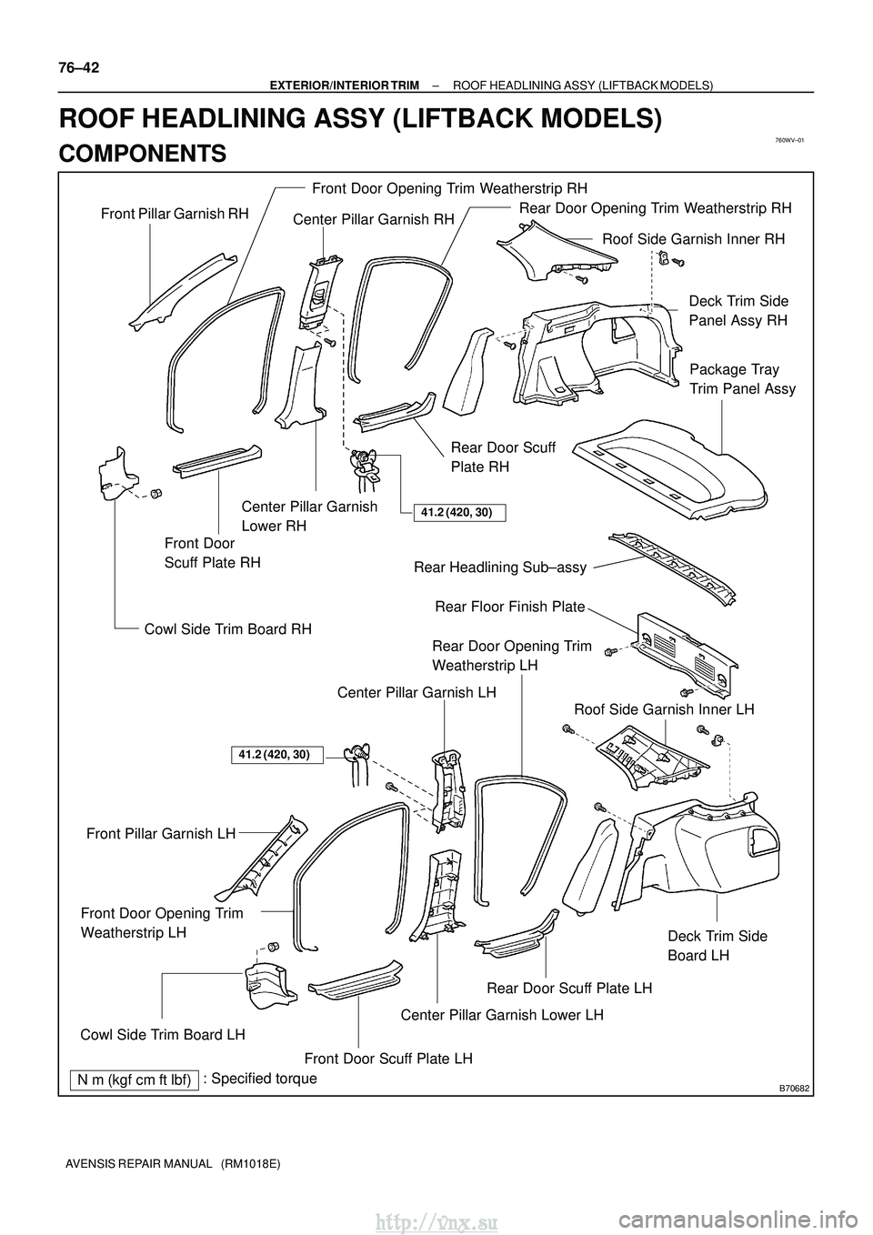 TOYOTA AVENSIS 2003  Service Repair Manual 760WV±01
B70682
Roof Side Garnish Inner RH
Front Pillar Garnish RH
Front Door Opening Trim Weatherstrip RH
Center Pillar Garnish RHRear Door Opening Trim Weatherstrip RH
Front Door
Scuff Plate RH
Rea