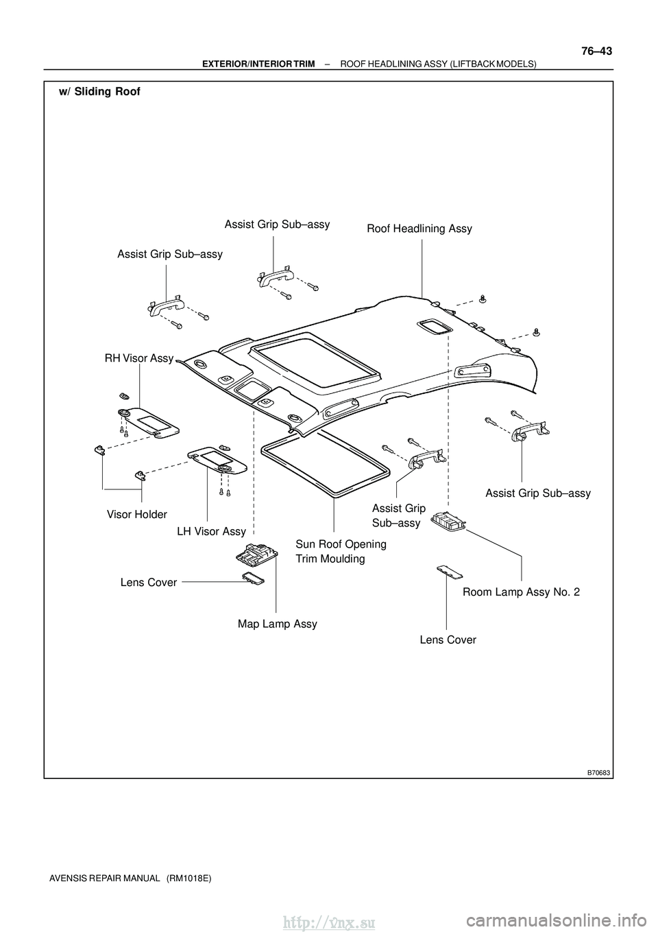 TOYOTA AVENSIS 2003  Service Repair Manual B70683
LH Visor Assy
Visor Holder
w/ Sliding Roof
Roof Headlining Assy
RH Visor Assy
Map Lamp AssyRoom Lamp Assy No. 2
Lens Cover
Assist Grip 
Sub±assy
Lens Cover Assist Grip Sub±assy
Assist Grip Su