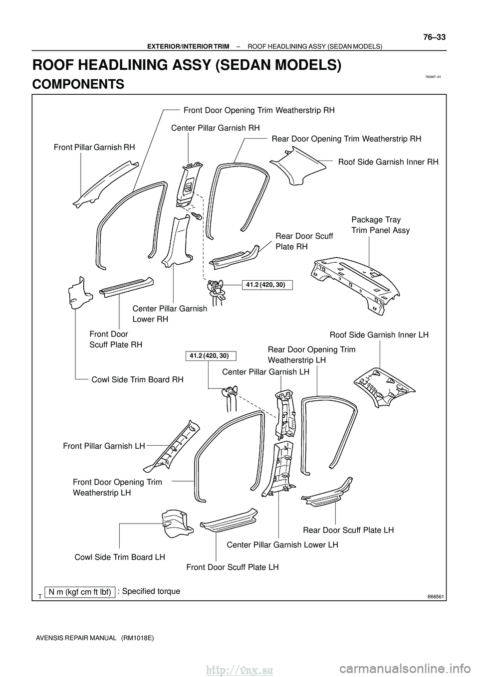 TOYOTA AVENSIS 2003  Service Repair Manual 760WT±01
B66561
Roof Side Garnish Inner RH
Front Pillar Garnish RH
Front Door Opening Trim Weatherstrip RH
Center Pillar Garnish RH
Rear Door Opening Trim Weatherstrip RH
Front Door
Scuff Plate RH
Re