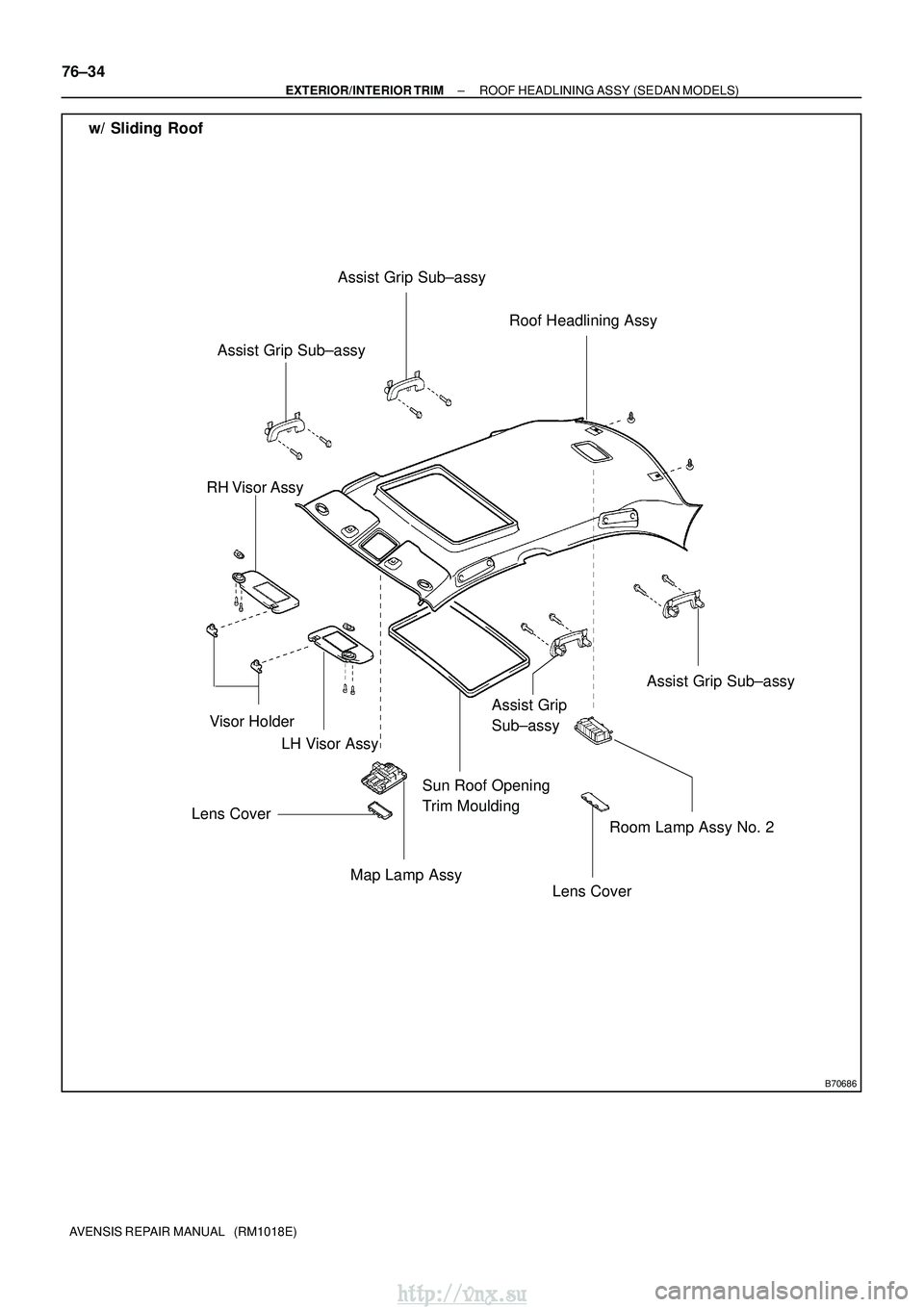 TOYOTA AVENSIS 2003  Service Repair Manual B70686
LH Visor Assy
Visor Holder Roof Headlining Assy
RH Visor Assy
Map Lamp Assy
Room Lamp Assy No. 2
Lens Cover
Assist Grip 
Sub±assy
Lens Cover Assist Grip Sub±assy
Assist Grip Sub±assy
Assist 