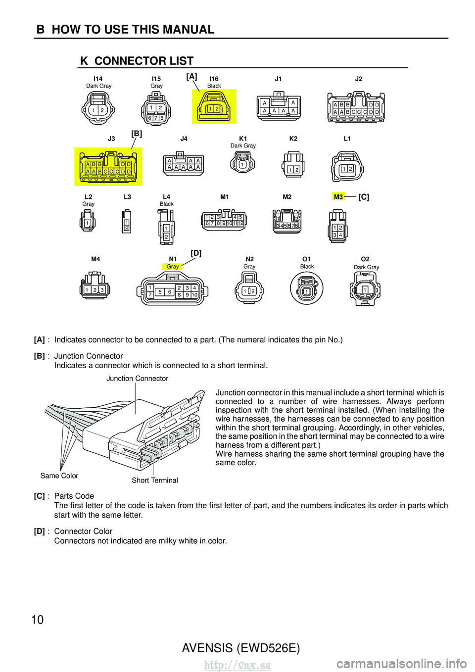 TOYOTA AVENSIS 2003  Service Repair Manual Black
[D]
K  CONNECTOR LIST
J4K1K2 L1
L2 L3 L4 M1M2M3
M4 N1N2O1 O2Dark Gray
Gray
Dark Gray
Black
Gray
Gray
ABB
AABCCC DD
DD A
A
A
AA
A
AA 1
12 12
1 1
2
1
2 12 3
6 7 8 9 1 0 111 2 45
7
12
3456 8
43 21
