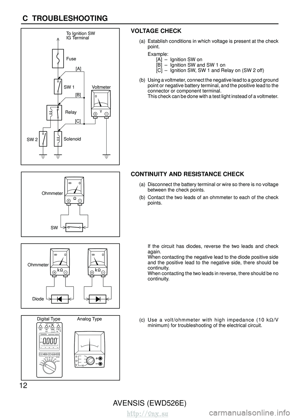 TOYOTA AVENSIS 2003  Service Repair Manual To Ignition SW
IG Terminal
FuseVoltmeter
SW 1
Relay
SW 2 Solenoid[A]
[B]
[C]
Ohmmeter
SW
OhmmeterDiode
Digital Type Analog Type
12 AVENSIS (EWD526E)
C  TROUBLESHOOTING
VOLTAGE CHECK
(a) Establish cond