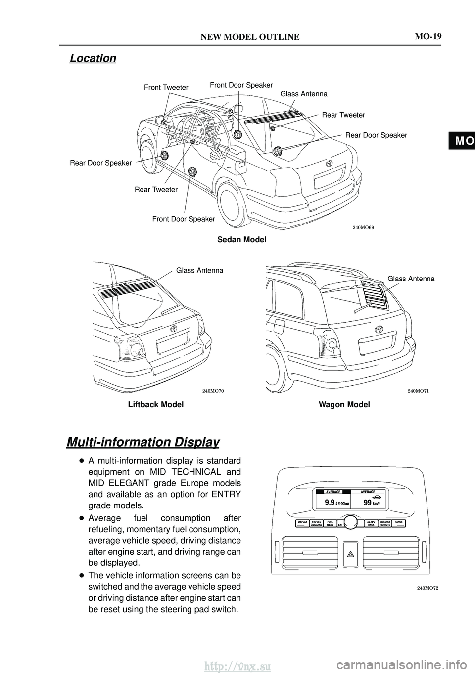 TOYOTA AVENSIS 2003  Service User Guide MO
NEW MODEL OUTLINE
\b	
\b	 \b	
Front TweeterFront Door Speaker
Glass Antenna
Rear TweeterRear Door Speaker
Front Door Speaker
Rear Tweeter
Rear Door Speaker
Sedan Model
Glass Antenna
