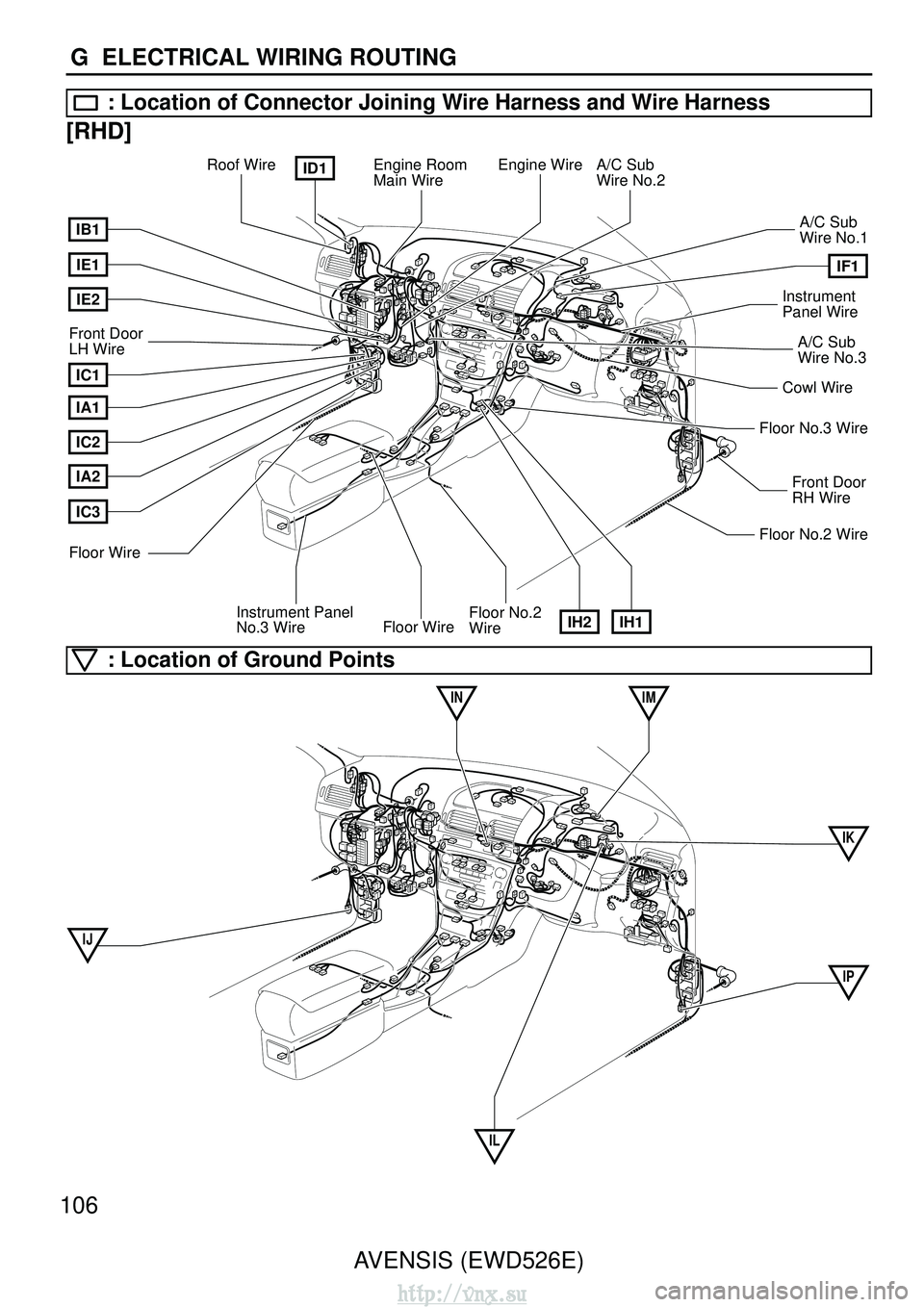 TOYOTA AVENSIS 2003  Service Repair Manual 106AVENSIS (EWD526E)
G  ELECTRICAL WIRING ROUTING
: Location of Connector Joining Wire Harness and Wire Harness
[RHD]
IF1
ID1Engine Room
Main WireA/C Sub
Wire No.2
A/C Sub 
Wire No.1
A/C Sub 
Wire No.