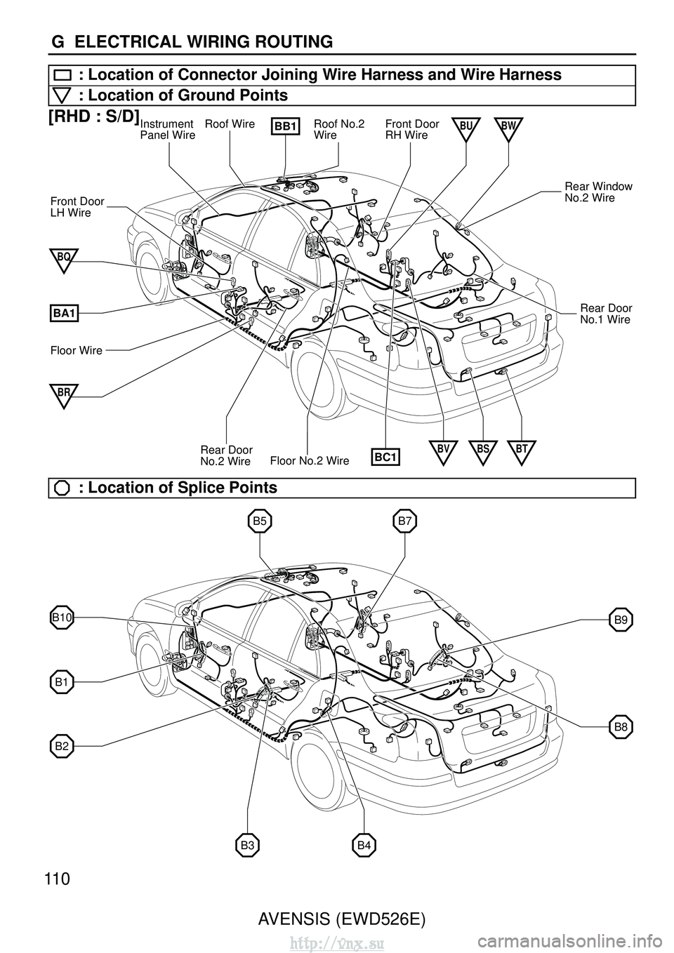 TOYOTA AVENSIS 2003  Service Repair Manual Roof Wire
Rear Door
No.2 WireInstrument
Panel WireRoof No.2
WireFront Door
RH Wire
Rear Window
No.2 Wire
Rear Door
No.1 Wire
Front Door
LH Wire
Floor Wire
BB1
BC1
BWBU
BQ
BR
Floor No.2 Wire
BA1
BVBSBT