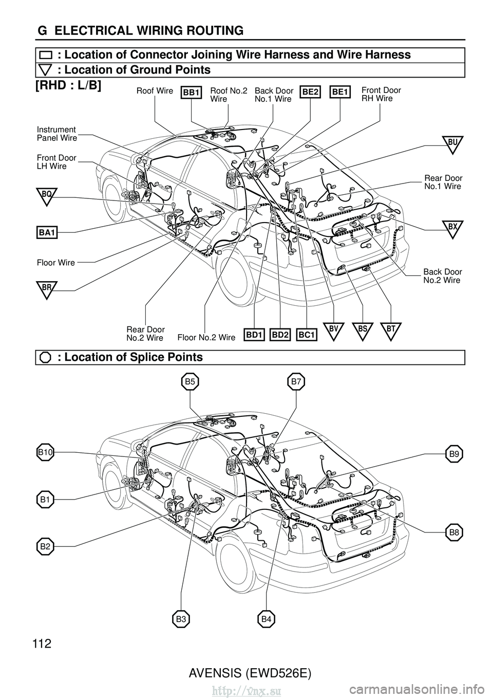 TOYOTA AVENSIS 2003  Service Repair Manual BX
BU
Roof Wire
Rear Door
No.2 Wire
Instrument
Panel WireRoof No.2
WireFront Door
RH WireBack Door
No.1 Wire
Back Door
No.2 Wire
Rear Door
No.1 Wire
Front Door
LH Wire
Floor Wire
BB1BE2BE1
BC1BD2BD1
B