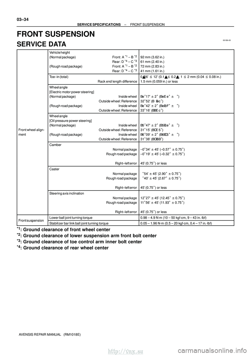 TOYOTA AVENSIS 2003  Service Repair Manual 0313B±05
03±34
±
SERVICE SPECIFICATIONS FRONT SUSPENSION
AVENSIS REPAIR MANUAL   (RM1018E)
FRONT SUSPENSION
SERVICE DATA
Vehicle height
(Normal package) Front:  A *1  ± B *2
Rear: D *4 ± C *3
(Ro