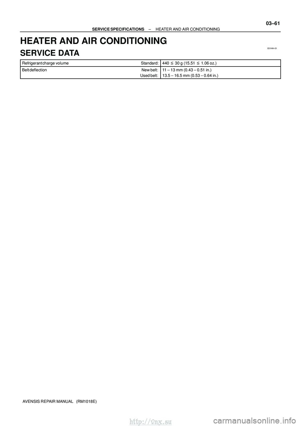 TOYOTA AVENSIS 2003  Service Repair Manual 031HH±01
±
SERVICE SPECIFICATIONS HEATER AND AIR CONDITIONING
03±61
AVENSIS REPAIR MANUAL   (RM1018E)
HEATER AND AIR CONDITIONING
SERVICE DATA
Refrigerant charge volume Standard:440  30 g (15.51  