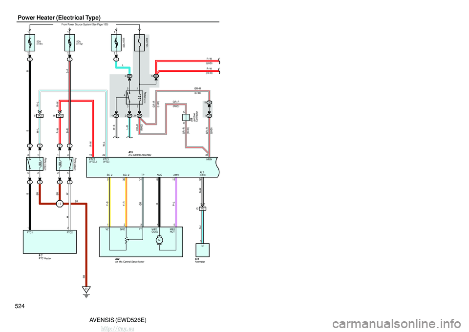 TOYOTA AVENSIS 2003 Service Repair Manual 524AVENSIS (EWD526E)
Power Heater (Electrical Type)
HRIN
10A HTR
3
5
2
1
4
HTR Relay
C
From Power Source System
(
See Page 120 )
DF
4DF 2DA34
DP
2DC 6
CE
5
CA
1 R–W
R–W
GR–R
( LHD )
GR–R
( RH TOYOTA AVENSIS 2003 Service Repair Manual 524AVENSIS (EWD526E)
Power Heater (Electrical Type)
HRIN
10A HTR
3
5
2
1
4
HTR Relay
C
From Power Source System
(
See Page 120 )
DF
4DF 2DA34
DP
2DC 6
CE
5
CA
1 R–W
R–W
GR–R
( LHD )
GR–R
( RH