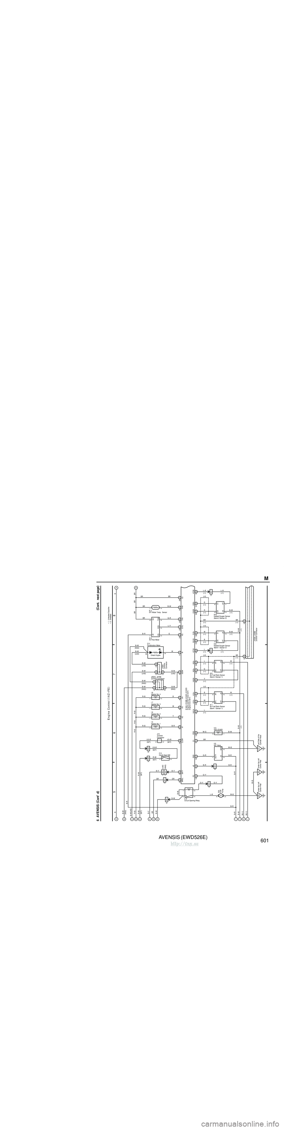 TOYOTA AVENSIS 2003 Service Repair Manual AVENSIS (EWD526E)
600 M OVERALL ELECTRICAL WIRING DIAGRAM
1 23
4
6 AVENSIS (
C ont. ne xt pa ge )
A
Power Source
B
B–W (
LHD )
C
D
R–B
J
1
B
B–R
FL MAIN
3. 0W Battery
B–G
B–G 20A EFI
2
B TOYOTA AVENSIS 2003 Service Repair Manual AVENSIS (EWD526E)
600 M OVERALL ELECTRICAL WIRING DIAGRAM
1 23
4
6 AVENSIS (
C ont. ne xt pa ge )
A
Power Source
B
B–W (
LHD )
C
D
R–B
J
1
B
B–R
FL MAIN
3. 0W Battery
B–G
B–G 20A EFI
2
B