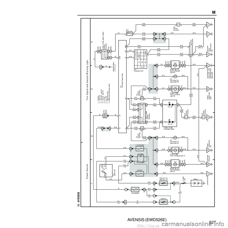 TOYOTA AVENSIS 2003 Service Repair Manual AVENSIS (EWD526E)627M
1
23
4
15 AVENSIS
1A
1
10A HAZARD
1 3
ACC
IG1
AM1 1
Ignition SW
I13
DH
1
25A AM1
2 1
3
5 DN
1DH 52 7DA
7. 5A GAUGE2
IG1 Relay
DA
9
IJ
Left Kick Panel 8CA
6CC
14 Turn Signal Flas TOYOTA AVENSIS 2003 Service Repair Manual AVENSIS (EWD526E)627M
1
23
4
15 AVENSIS
1A
1
10A HAZARD
1 3
ACC
IG1
AM1 1
Ignition SW
I13
DH
1
25A AM1
2 1
3
5 DN
1DH 52 7DA
7. 5A GAUGE2
IG1 Relay
DA
9
IJ
Left Kick Panel 8CA
6CC
14 Turn Signal Flas