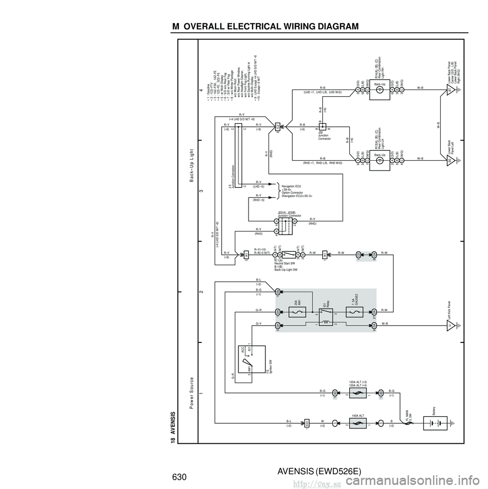 TOYOTA AVENSIS 2003 Service Repair Manual AVENSIS (EWD526E)
630 M OVERALL ELECTRICAL WIRING DIAGRAM
1 23
4
18 AVENSIS
1
120A ALT (
∗ 3 )
100A ALT (
∗ 4 )2
3 14D
25A
AM1
3
ACC
IG1
AM1 1
DH
1
DH
5DN 1
2
1
3
5
7. 5A
GAUGE2
27 IG1
Relay
DA TOYOTA AVENSIS 2003 Service Repair Manual AVENSIS (EWD526E)
630 M OVERALL ELECTRICAL WIRING DIAGRAM
1 23
4
18 AVENSIS
1
120A ALT (
∗ 3 )
100A ALT (
∗ 4 )2
3 14D
25A
AM1
3
ACC
IG1
AM1 1
DH
1
DH
5DN 1
2
1
3
5
7. 5A
GAUGE2
27 IG1
Relay
DA