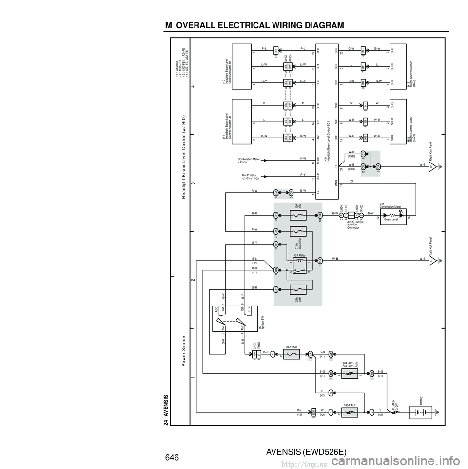 TOYOTA AVENSIS 2003  Service Repair Manual AVENSIS (EWD526E)
646 M  OVERALL ELECTRICAL WIRING DIAGRAM
1 23
4
24  AVENSIS
DH
2
DA
18 12 IE1
B–W
L
P
G–Y
L–W P–L
P–L
L–W G–Y
PL
B–W B–W
L
G–W
B–WL
G–W
B
1 414 23 313 22
231 