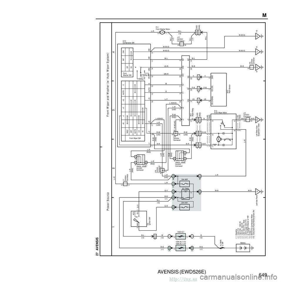 TOYOTA AVENSIS 2003  Service Repair Manual AVENSIS (EWD526E)649M
1
23
4
27  AVENSIS
Battery
FL MAIN
3. 0W
120A ALT (
∗ 3 )
100A ALT  (
∗ 4 )
B–G
3ACC
IG1
AM1 1
Ignition SW
I13
DH
1
25A AM1
2 1
3
5 DN
1DH 5
DA
9 DL
17
IG1 Relay
DA
26
25A 