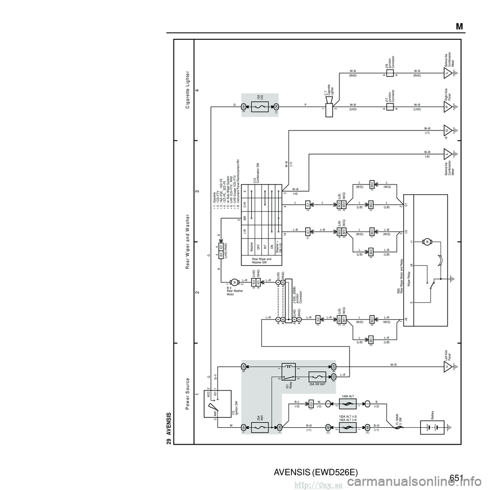 TOYOTA AVENSIS 2003  Service Repair Manual AVENSIS (EWD526E)651M
3
4
2
1
∗
 1 : Gasoline
∗  2 : 1CD–FTV
C igarette Lighter
Pow er Source R ear W iper and W asher
29  AVENSIS
3 ACC
IG1
AM1 2
1
1DH 25A
AM1
DN
1 DH
5
DD
7 2IC2
L–R
2 1
M
1