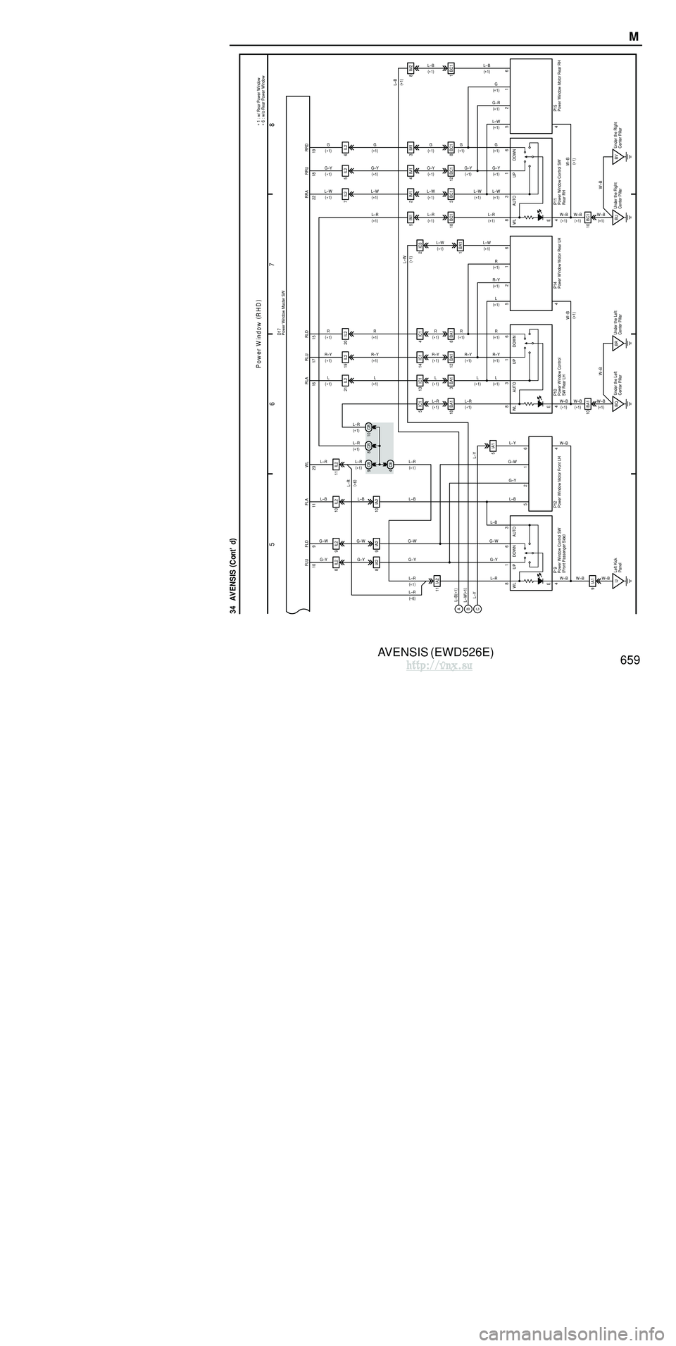 TOYOTA AVENSIS 2003 Service Repair Manual AVENSIS (EWD526E)
658 M OVERALL ELECTRICAL WIRING DIAGRAM
1 23
4
34 AVENSIS (
C ont. ne xt pa ge )
3
IG1 Relay
B–L
ED1
1
W (
∗ 2 )
(
∗ 3 )
G–R
3
1 2 3
I13
B 1
Battery
FL MAIN
3. 0W 5
2
1
A TOYOTA AVENSIS 2003 Service Repair Manual AVENSIS (EWD526E)
658 M OVERALL ELECTRICAL WIRING DIAGRAM
1 23
4
34 AVENSIS (
C ont. ne xt pa ge )
3
IG1 Relay
B–L
ED1
1
W (
∗ 2 )
(
∗ 3 )
G–R
3
1 2 3
I13
B 1
Battery
FL MAIN
3. 0W 5
2
1
A