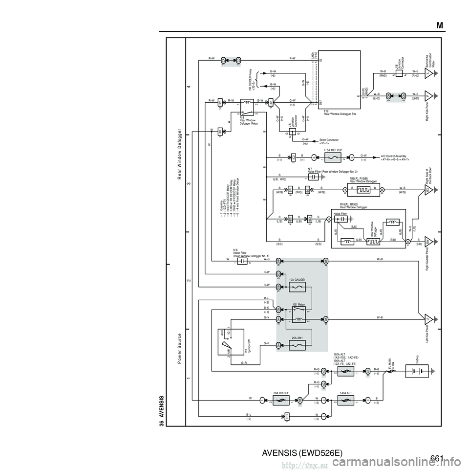 TOYOTA AVENSIS 2003 Service Repair Manual AVENSIS (EWD526E)661M
1
23
4
36 AVENSIS
5
31
2
B
W
B–G
B–G
FL MAIN
3. 0W
Battery
120A ALT
(1AZ–FSE, 1AZ–FE )
100A ALT
( 1ZZ–FE, 3ZZ–FE )
1
30A RR DEF
1B
1 2
1 3
ACC
IG1
R–W
AM1 1
I13I TOYOTA AVENSIS 2003 Service Repair Manual AVENSIS (EWD526E)661M
1
23
4
36 AVENSIS
5
31
2
B
W
B–G
B–G
FL MAIN
3. 0W
Battery
120A ALT
(1AZ–FSE, 1AZ–FE )
100A ALT
( 1ZZ–FE, 3ZZ–FE )
1
30A RR DEF
1B
1 2
1 3
ACC
IG1
R–W
AM1 1
I13I