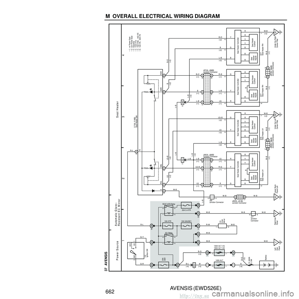 TOYOTA AVENSIS 2003 Service Repair Manual AVENSIS (EWD526E)
662 M OVERALL ELECTRICAL WIRING DIAGRAM
1 23
4
37 AVENSIS
140A ALT
120A ALT
(
∗ 5 )
100A ALT (
∗ 6 )
34
B
1
34
D
1
DN
1 DH
1 3
ACC
IG1
AM1 1
25A
AM1 2 1
3
5
DH
5
DA
9 2
1
3
5 TOYOTA AVENSIS 2003 Service Repair Manual AVENSIS (EWD526E)
662 M OVERALL ELECTRICAL WIRING DIAGRAM
1 23
4
37 AVENSIS
140A ALT
120A ALT
(
∗ 5 )
100A ALT (
∗ 6 )
34
B
1
34
D
1
DN
1 DH
1 3
ACC
IG1
AM1 1
25A
AM1 2 1
3
5
DH
5
DA
9 2
1
3
5