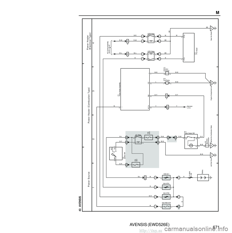 TOYOTA AVENSIS 2003 Service Repair Manual AVENSIS (EWD526E)671M
1
23
4
43 AVENSIS
B
3
140A ALT
1 23
1
25A PWR HTR
1
2
W W
FL MAIN
3. 0W
Battery 25A
AM1
DH
I13Ignition SW
1DH 5DN1
2 1 3
5
10A
HTR
DC
6
DA
9
12 IE62 1M
EC
Engine Compartment Lef TOYOTA AVENSIS 2003 Service Repair Manual AVENSIS (EWD526E)671M
1
23
4
43 AVENSIS
B
3
140A ALT
1 23
1
25A PWR HTR
1
2
W W
FL MAIN
3. 0W
Battery 25A
AM1
DH
I13Ignition SW
1DH 5DN1
2 1 3
5
10A
HTR
DC
6
DA
9
12 IE62 1M
EC
Engine Compartment Lef