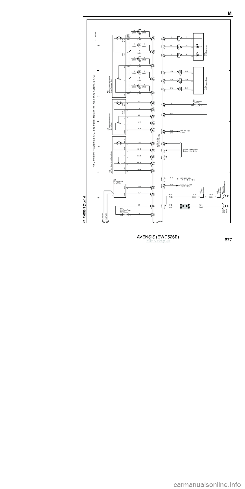 TOYOTA AVENSIS 2003 Service Repair Manual AVENSIS (EWD526E)
676 M OVERALL ELECTRICAL WIRING DIAGRAM
1 23
4
47 AVENSIS (
C ont. ne xt pa ge )
B–G B–G
FL MAIN
3. 0W
Battery
120A ALT (
∗ 3 )
100A ALT (
∗ 4 )
1
40A HTR
1B
1 2
1
B– TOYOTA AVENSIS 2003 Service Repair Manual AVENSIS (EWD526E)
676 M OVERALL ELECTRICAL WIRING DIAGRAM
1 23
4
47 AVENSIS (
C ont. ne xt pa ge )
B–G B–G
FL MAIN
3. 0W
Battery
120A ALT (
∗ 3 )
100A ALT (
∗ 4 )
1
40A HTR
1B
1 2
1
B–