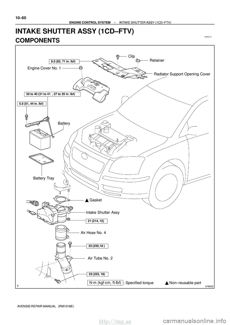 TOYOTA AVENSIS 2003  Service Repair Manual 100FN±01
A79433N´m (kgf´cm, ft´lbf): Specified torque  Non±reusable part

 Gasket
25 (255, 18)
25 (255,18 )
21 (214, 15)
30 to 40 (31 to 41  , 27 to 35 in. lbf)
5.0 (51, 44 in. lbf)
8.0 (82, 