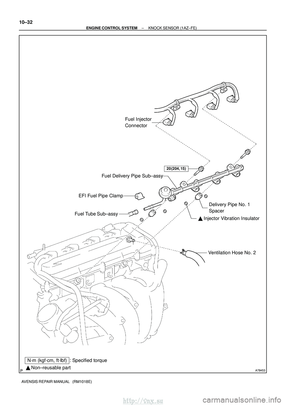 TOYOTA AVENSIS 2003  Service Repair Manual A78453 Non±reusable part
N´m (kgf´cm, ft´lbf) : Specified torque
20 (204, 15)
Fuel Injector 
Connector
EFI Fuel Pipe Clamp
Fuel Tube Sub±assy  Injector Vibration Insulator Delivery Pipe No. 1 
