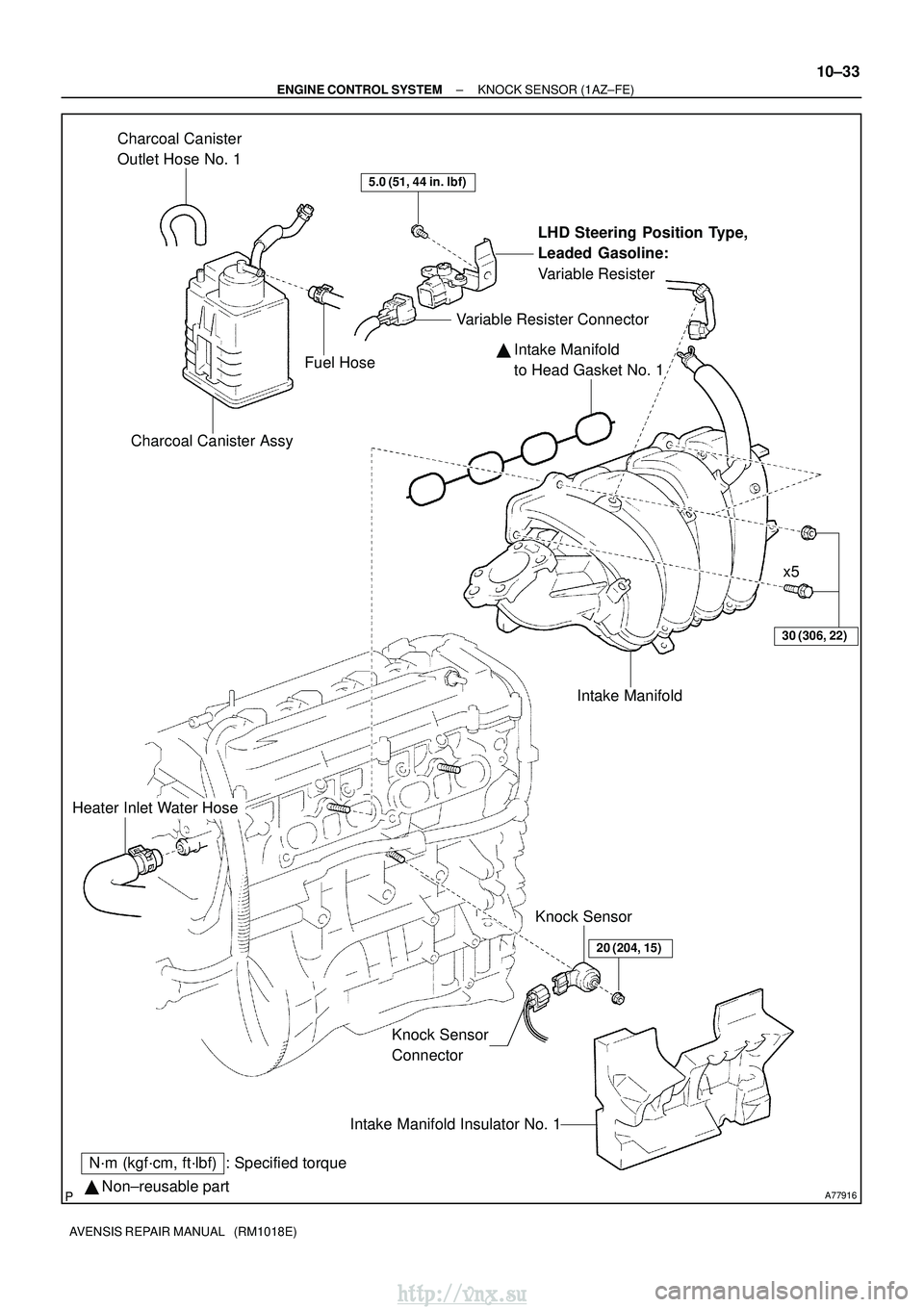 TOYOTA AVENSIS 2003  Service Repair Manual A77916 Non±reusable part
N´m (kgf´cm, ft´lbf) : Specified torque
30 (306, 22)
Heater Inlet Water Hose
Knock Sensor 
ConnectorKnock Sensor
20 (204, 15)
Intake Manifold Insulator No. 1

 Intake Ma
