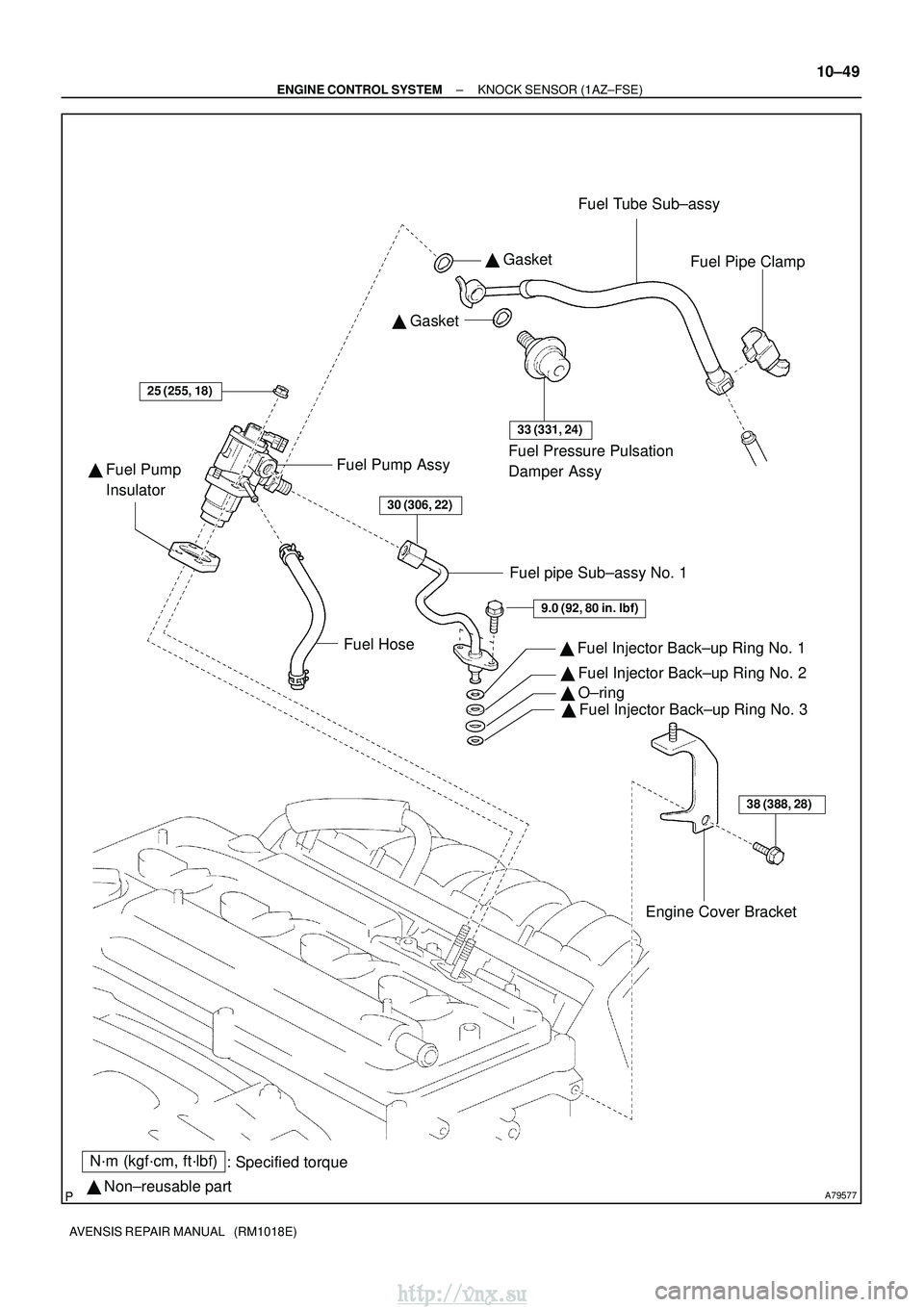 TOYOTA AVENSIS 2003  Service Repair Manual A79577
N´m (kgf´cm, ft´lbf): Specified torque
  Non±reusable part 
 Gasket 
 Gasket Fuel Tube Sub±assy
Fuel Pipe Clamp
Fuel Pressure Pulsation 
Damper Assy
Fuel Pump Assy
  Fuel Pump 
    Ins
