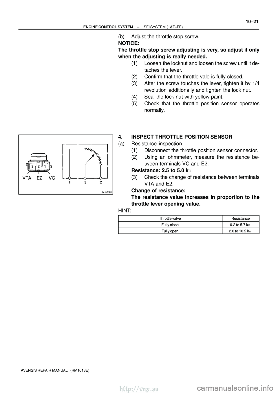 TOYOTA AVENSIS 2003  Service Repair Manual VTA E2 VC
A35493
±
ENGINE CONTROL SYSTEM SFI SYSTEM (1AZ±FE)
10±21
AVENSIS REPAIR MANUAL   (RM1018E)
(b) Adjust the throttle stop screw.
NOTICE:
The throttle stop screw adjusting is very, so adjust
