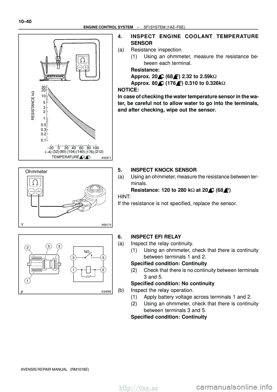 TOYOTA AVENSIS 2003  Service Repair Manual TEMPERATUREC( F)
RESISTANCE k
30
20
10
5
2
1
0.5
0.3
0.2
0.1 3
±20 0 20 40 60 80 100
(±4) (32) (80) (140)(104)
(212)
(176)
A50371
A65174
Ohmmeter
E34090
10±40
±
ENGINE CONTROL SYSTEM SFI SYSTEM