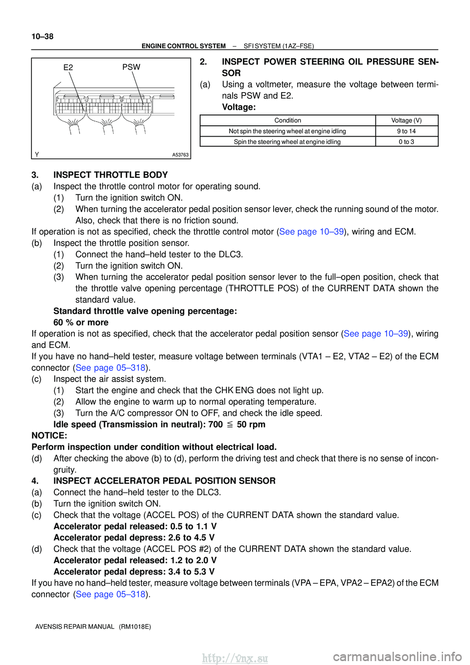 TOYOTA AVENSIS 2003  Service Repair Manual A53763
E2PSW
10±38
±
ENGINE CONTROL SYSTEMSFI SYSTEM(1AZ±FSE)
AVENSIS REPAIR MANUAL   (RM1018E)
2.INSPECT POWER STEERING OIL PRESSURE SEN- SOR
(a)Using a voltmeter, measure the voltage between term