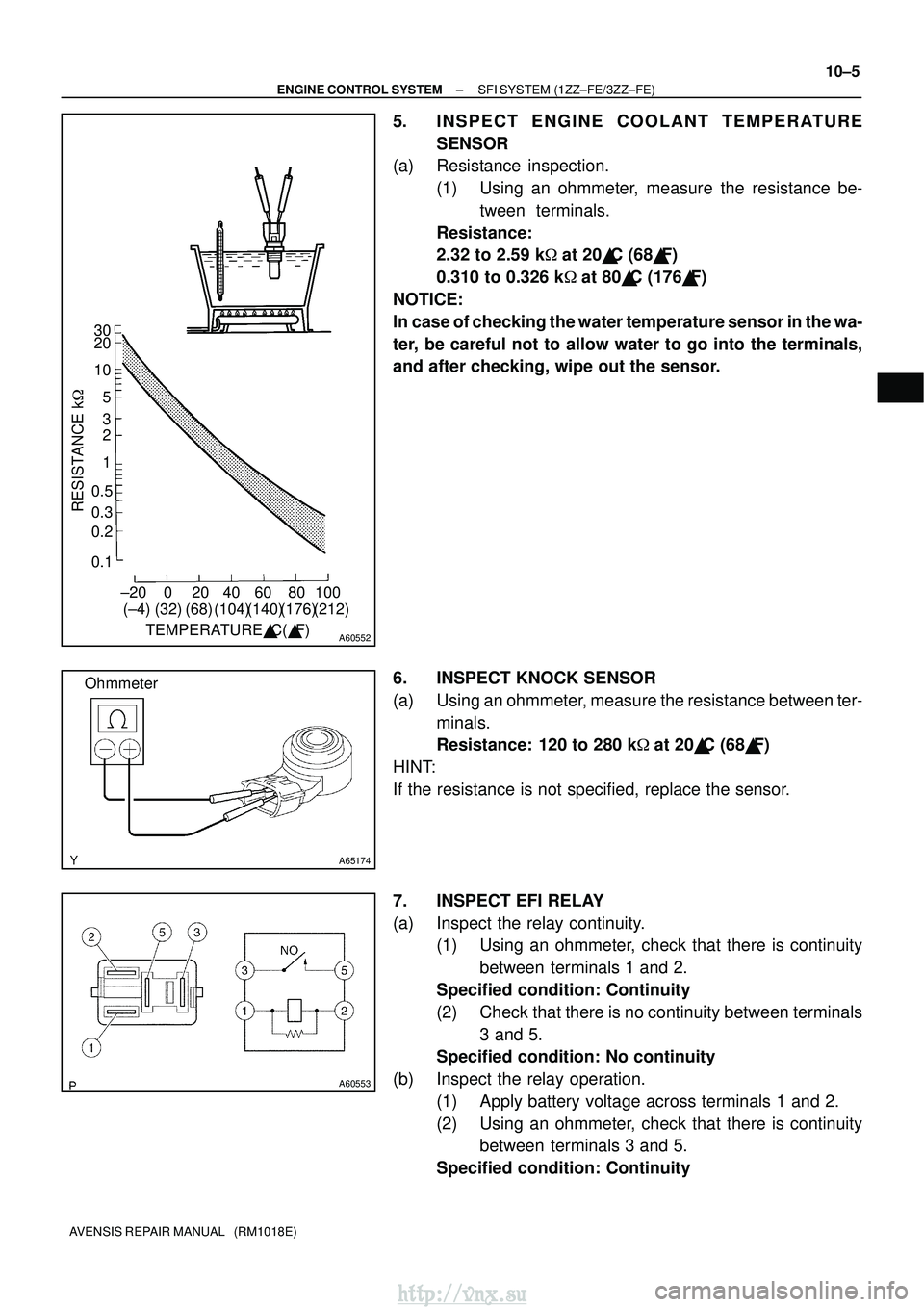 TOYOTA AVENSIS 2003  Service Repair Manual A60552
30
20
105
3
2
1
0.5
0.3
0.2
0.1
RESISTANCE k
±20 0 20 40 60 80 100 (±4)
TEMPERATURE C( F)
(32) (68) (104)(140)(176)(212)
A65174
Ohmmeter
A60553
±
ENGINE CONTROL SYSTEM SFI SYSTEM (1ZZ±FE