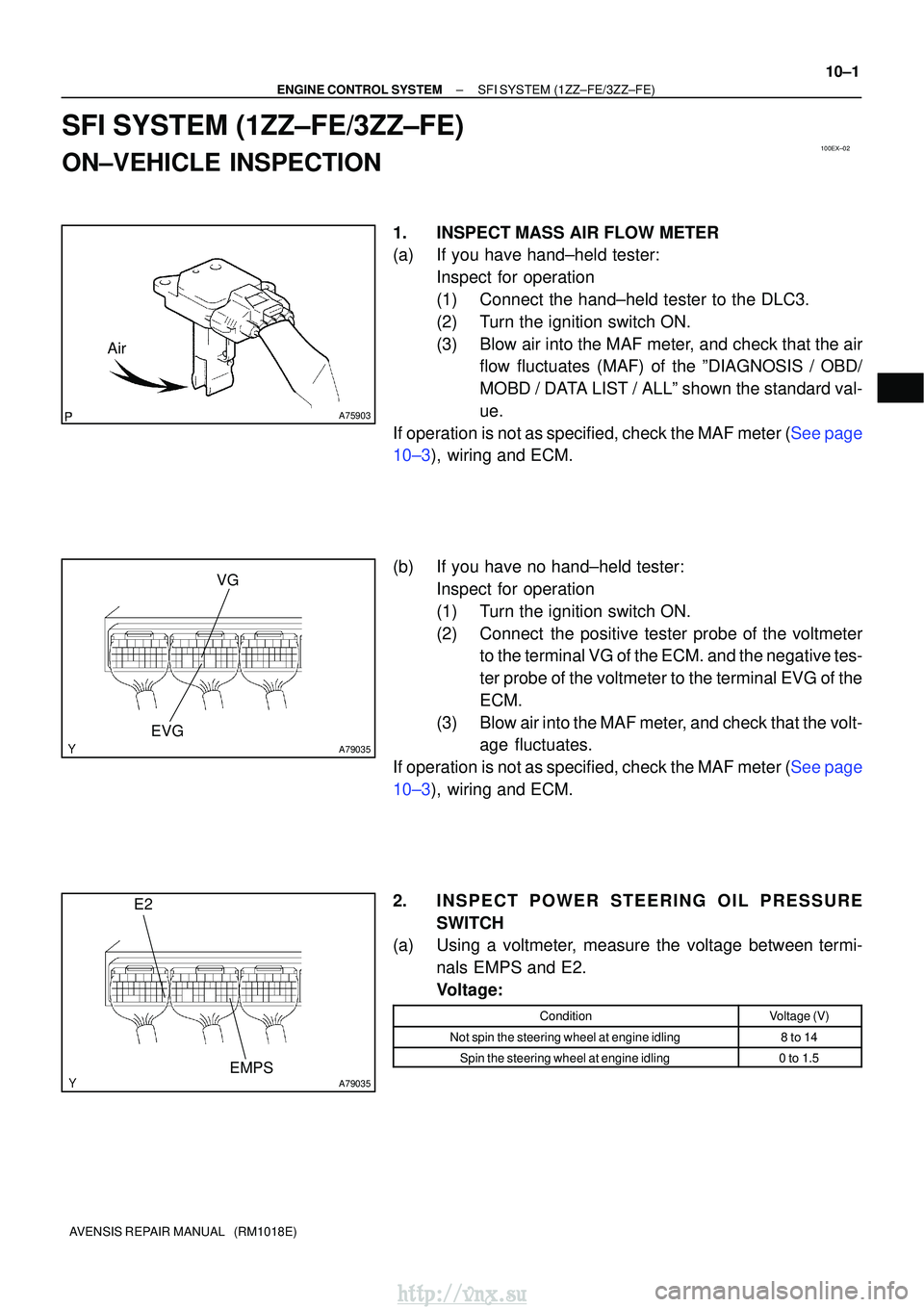 TOYOTA AVENSIS 2003  Service Repair Manual 100EX±02
A75903
Air
A79035
VG
EVG
A79035
E2
EMPS
±
ENGINE CONTROL SYSTEMSFI SYSTEM(1ZZ±FE/3ZZ±FE)
10±1
AVENSIS REPAIR MANUAL   (RM1018E)
SFI SYSTEM(1ZZ±FE/3ZZ±FE)
ON±VEHICLE INSPECTION
1.INSPE
