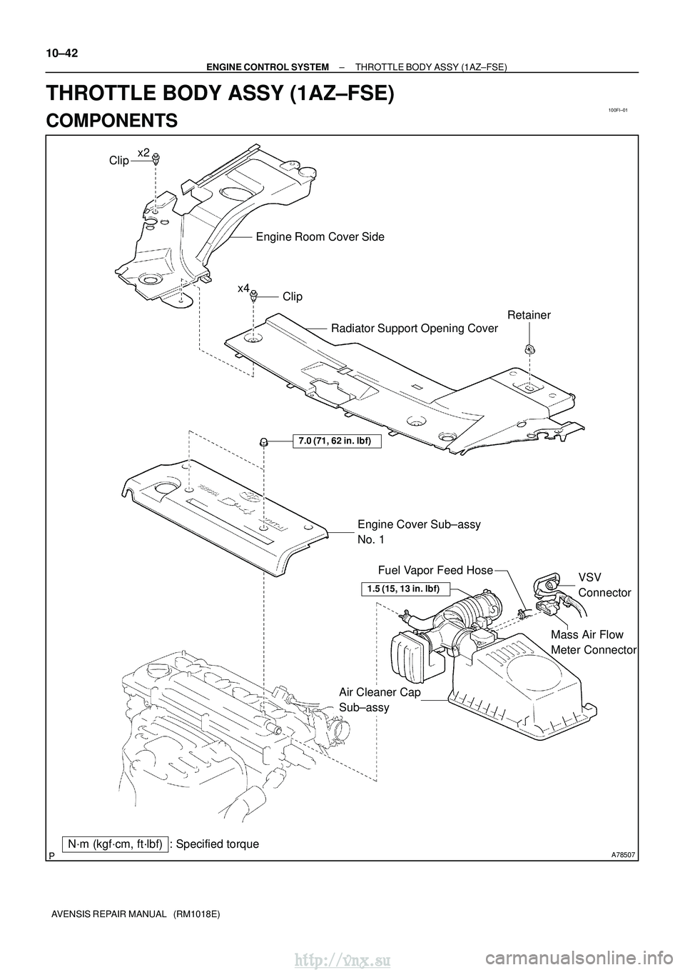 TOYOTA AVENSIS 2003  Service Repair Manual 100FI±01
A78507
Mass Air Flow 
Meter Connector
N´m (kgf´cm, ft´lbf) : Specified torqueEngine Cover Sub±assy 
No. 1
7.0 (71, 62 in.
lbf)
Air Cleaner Cap 
Sub±assy VSV 
Connector
Fuel Vapor Feed 