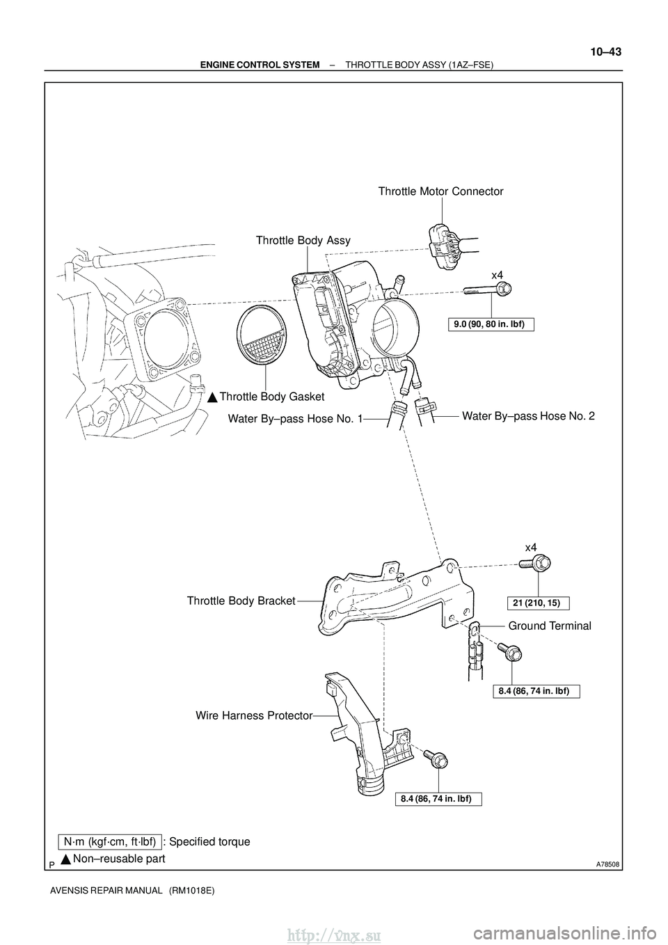 TOYOTA AVENSIS 2003  Service Repair Manual A78508 Non±reusable part
N´m (kgf´cm, ft´lbf) : Specified torque Throttle Body Assy
Throttle Motor Connector
  Throttle Body Gasket
Water By±pass Hose No. 2
Water By±pass Hose No. 1
9.0 (90, 8