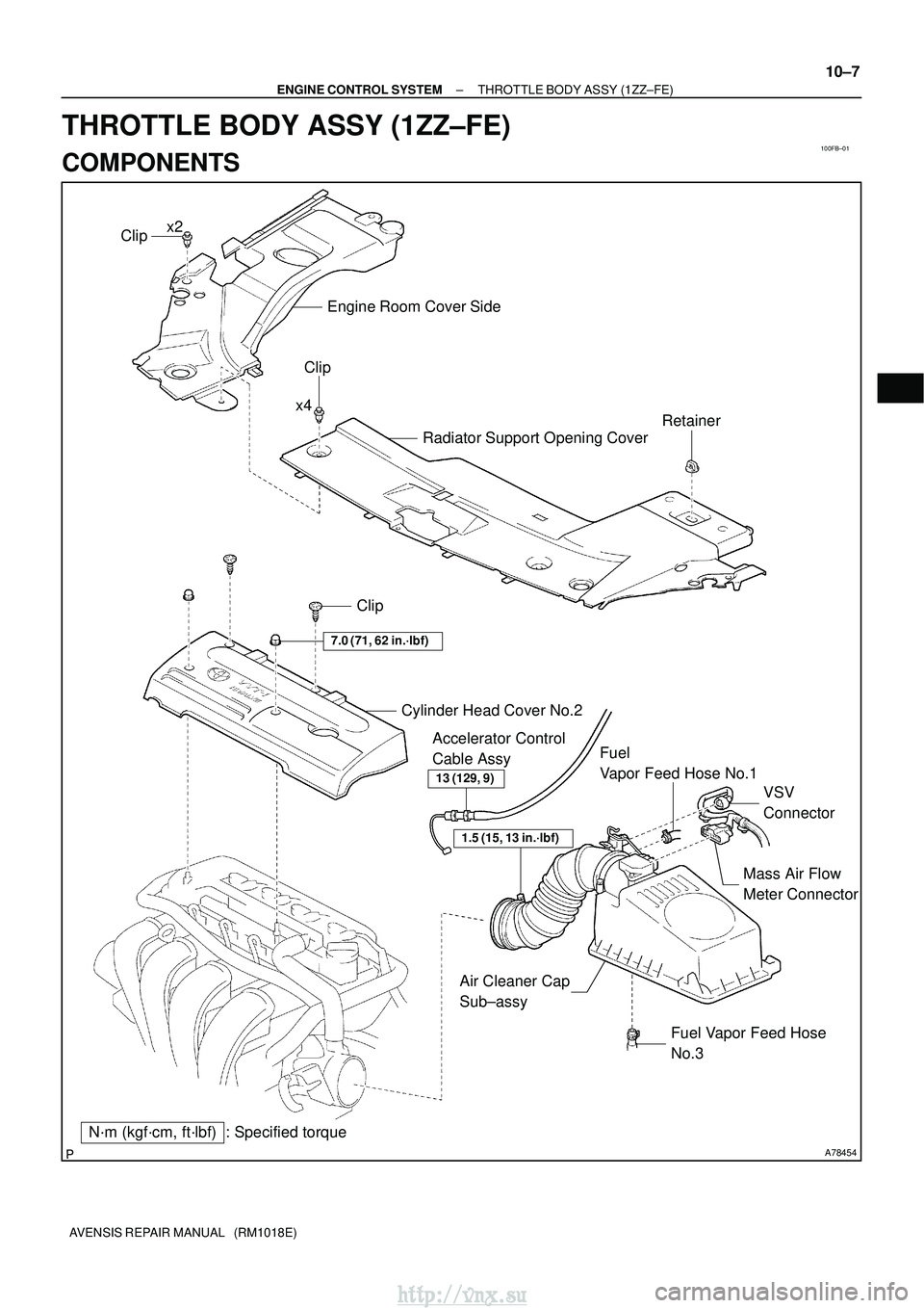 TOYOTA AVENSIS 2003  Service Repair Manual 100FB±01
A78454
N´m (kgf´cm, ft´lbf) : Specified torqueClip
Cylinder Head Cover No.2Fuel 
Vapor Feed Hose No.1VSV 
Connector
Mass Air Flow 
Meter Connector
Accelerator Control 
Cable Assy
Fuel Vap