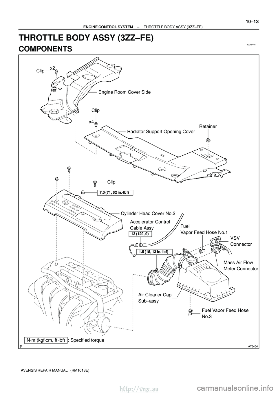TOYOTA AVENSIS 2003  Service Repair Manual 100FD±01
A78454
N´m (kgf´cm, ft´lbf) : Specified torqueClip
Cylinder Head Cover No.2Fuel 
Vapor Feed Hose No.1VSV 
Connector
Mass Air Flow 
Meter Connector
Accelerator Control 
Cable Assy
Fuel Vap
