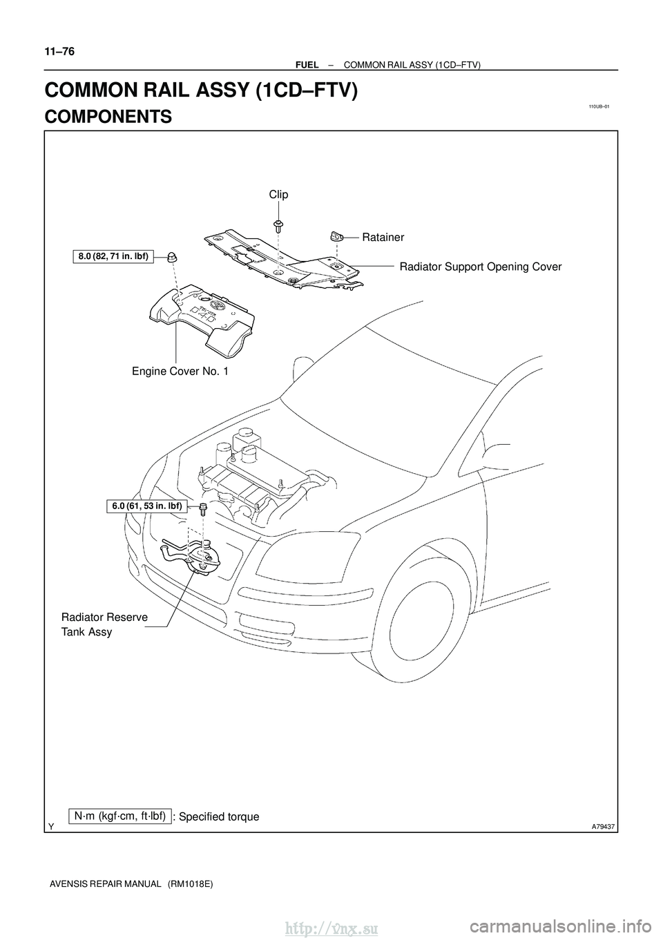 TOYOTA AVENSIS 2003  Service Repair Manual 110UB±01
A79437
8.0 (82, 71 in.lbf)
Engine Cover No. 1 Radiator Support Opening Cover
N´m (kgf´cm, ft´lbf)
: Specified torque
6.0 (61, 53 in.lbf)
Radiator Reserve 
Tank Assy
Clip
Ratainer
11±76