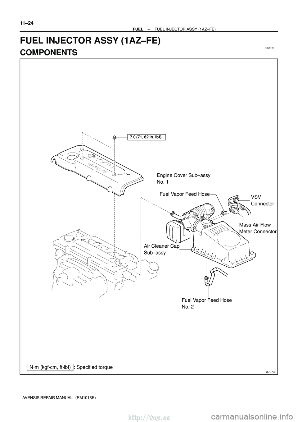 TOYOTA AVENSIS 2003  Service Repair Manual 110U0±01
A79730
Mass Air Flow 
Meter Connector
N´m (kgf´cm, ft´lbf) : Specified torqueEngine Cover Sub±assy 
No. 1
7.0 (71, 62 in.
lbf)
Fuel Vapor Feed Hose 
No. 2
Air Cleaner Cap 
Sub±assy VSV