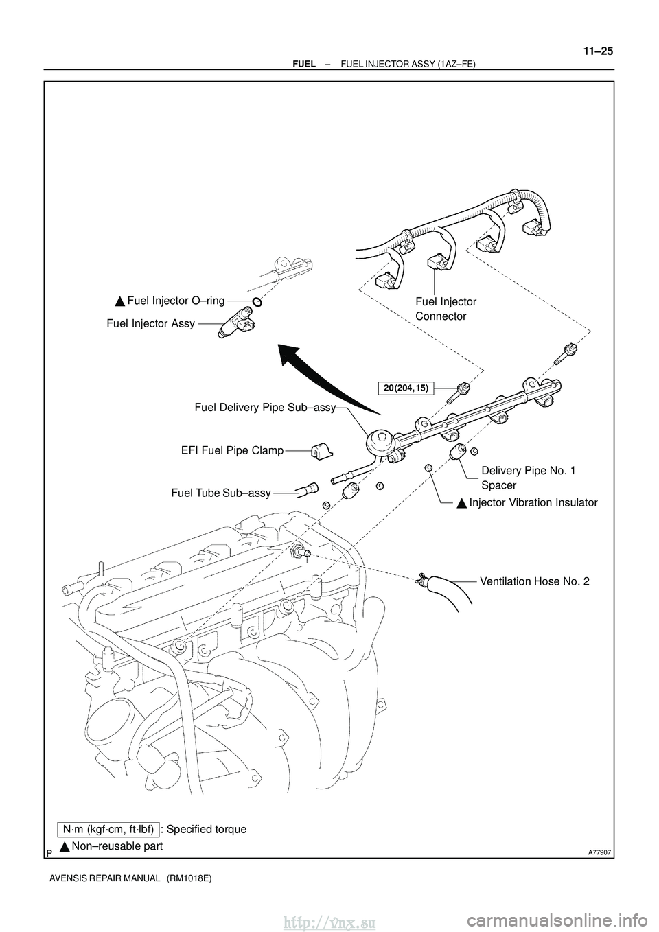 TOYOTA AVENSIS 2003  Service Repair Manual A77907 Non±reusable part
N´m (kgf´cm, ft´lbf) : Specified torque
20 (204, 15)
Fuel Injector 
Connector
EFI Fuel Pipe Clamp
Fuel Tube Sub±assy  Injector Vibration Insulator Delivery Pipe No. 1 
