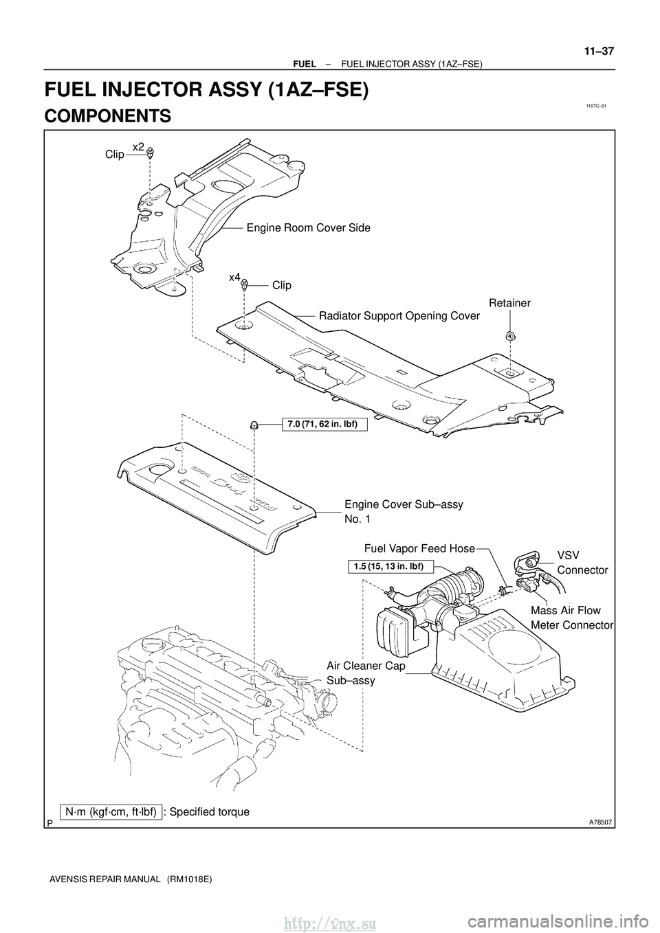 TOYOTA AVENSIS 2003  Service Repair Manual 110TC±01
A78507
Mass Air Flow 
Meter Connector
N´m (kgf´cm, ft´lbf) : Specified torqueEngine Cover Sub±assy 
No. 1
7.0 (71, 62 in.
lbf)
Air Cleaner Cap 
Sub±assy VSV 
Connector
Fuel Vapor Feed 