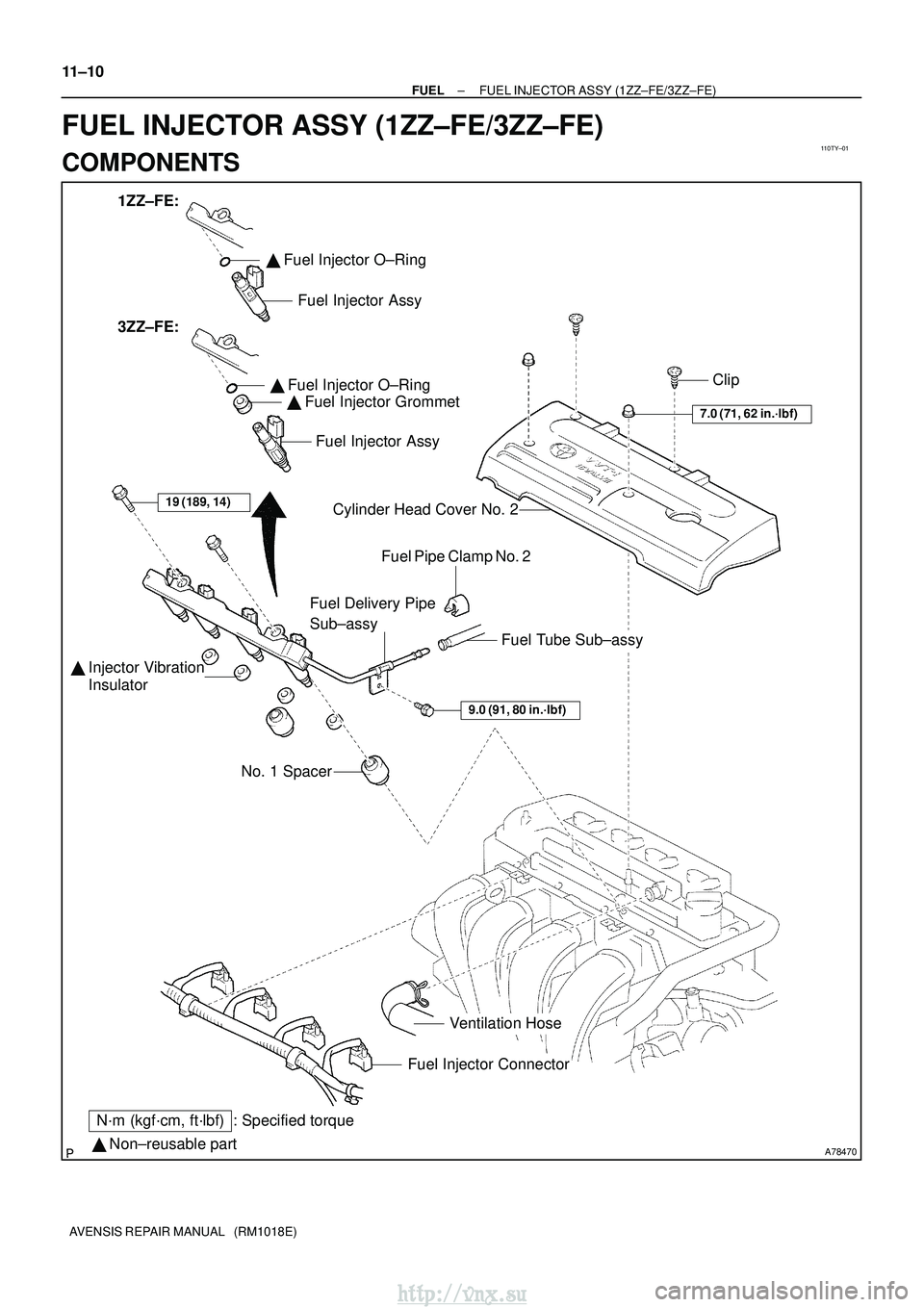 TOYOTA AVENSIS 2003  Service Repair Manual 110TY±01
A78470
 Fuel Injector O±Ring
  Non±reusable part
N´m (kgf´cm, ft´lbf) : Specified torque
7.0 (71, 62 in.´lbf)
Ventilation Hose
Fuel Injector Connector
No. 1 Spacer

 Injector Vibrat