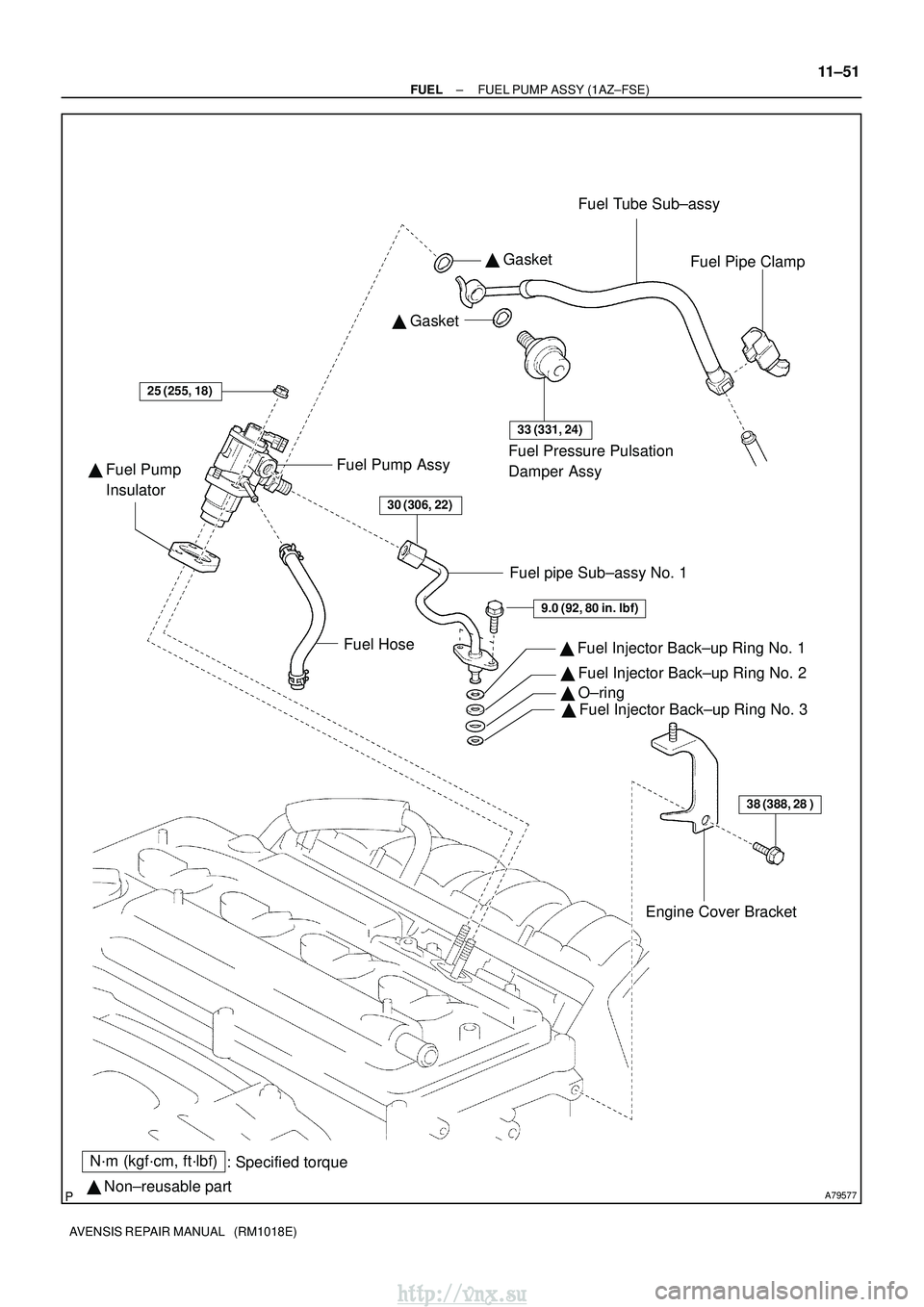 TOYOTA AVENSIS 2003  Service Repair Manual A79577
N´m (kgf´cm, ft´lbf): Specified torque
  Non±reusable part 
 Gasket 
 Gasket Fuel Tube Sub±assy
Fuel Pipe Clamp
Fuel Pressure Pulsation 
Damper Assy
Fuel Pump Assy
  Fuel Pump 
    Ins