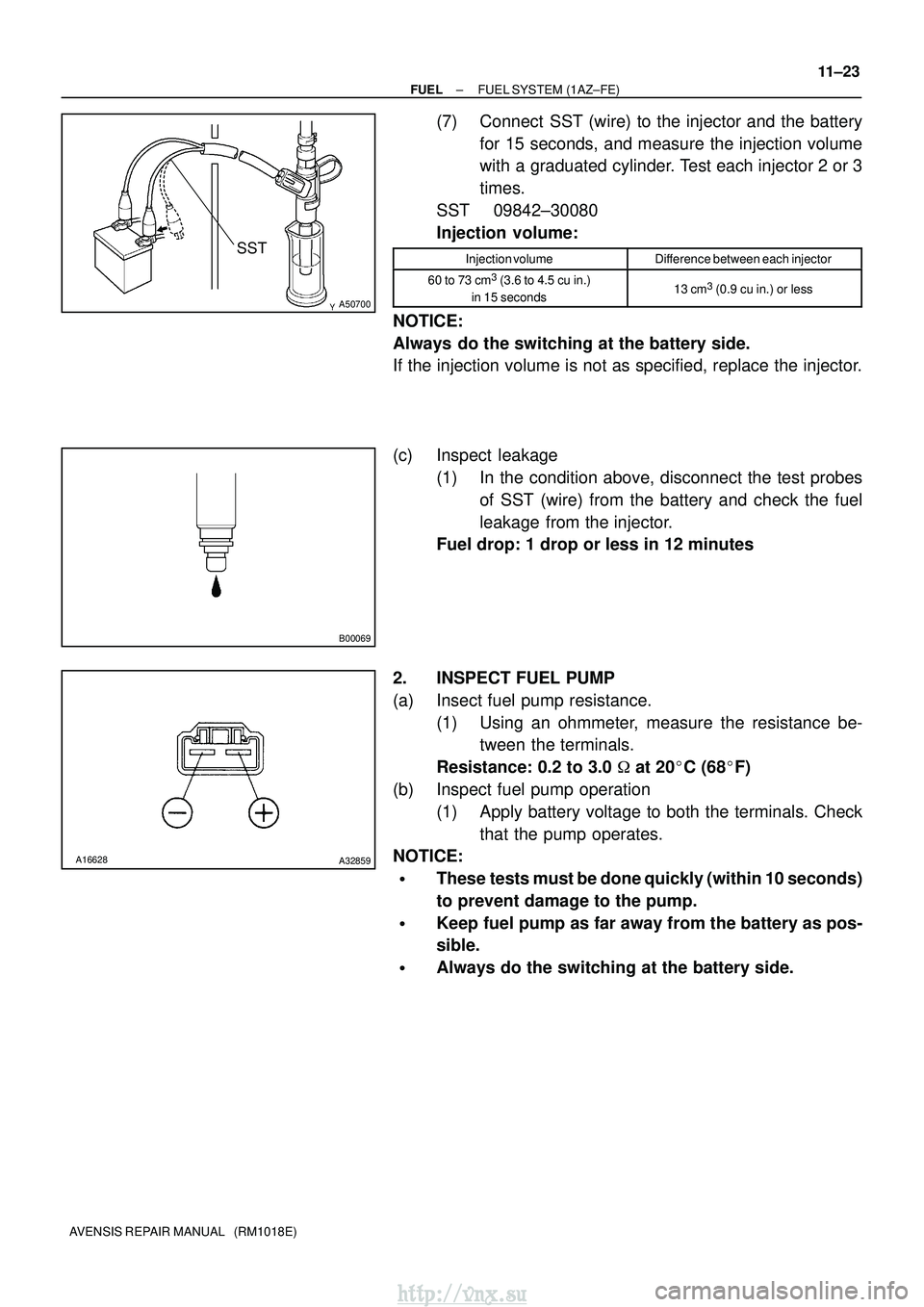 TOYOTA AVENSIS 2003 Service Repair Manual SST
A50700
B00069
A16628A32859
±
FUEL FUEL SYSTEM (1AZ±FE)
11±23
AVENSIS REPAIR MANUAL (RM1018E)
(7) Connect SST (wire) to the injector and the battery
for 15 seconds, and measure the injection TOYOTA AVENSIS 2003 Service Repair Manual SST
A50700
B00069
A16628A32859
±
FUEL FUEL SYSTEM (1AZ±FE)
11±23
AVENSIS REPAIR MANUAL (RM1018E)
(7) Connect SST (wire) to the injector and the battery
for 15 seconds, and measure the injection