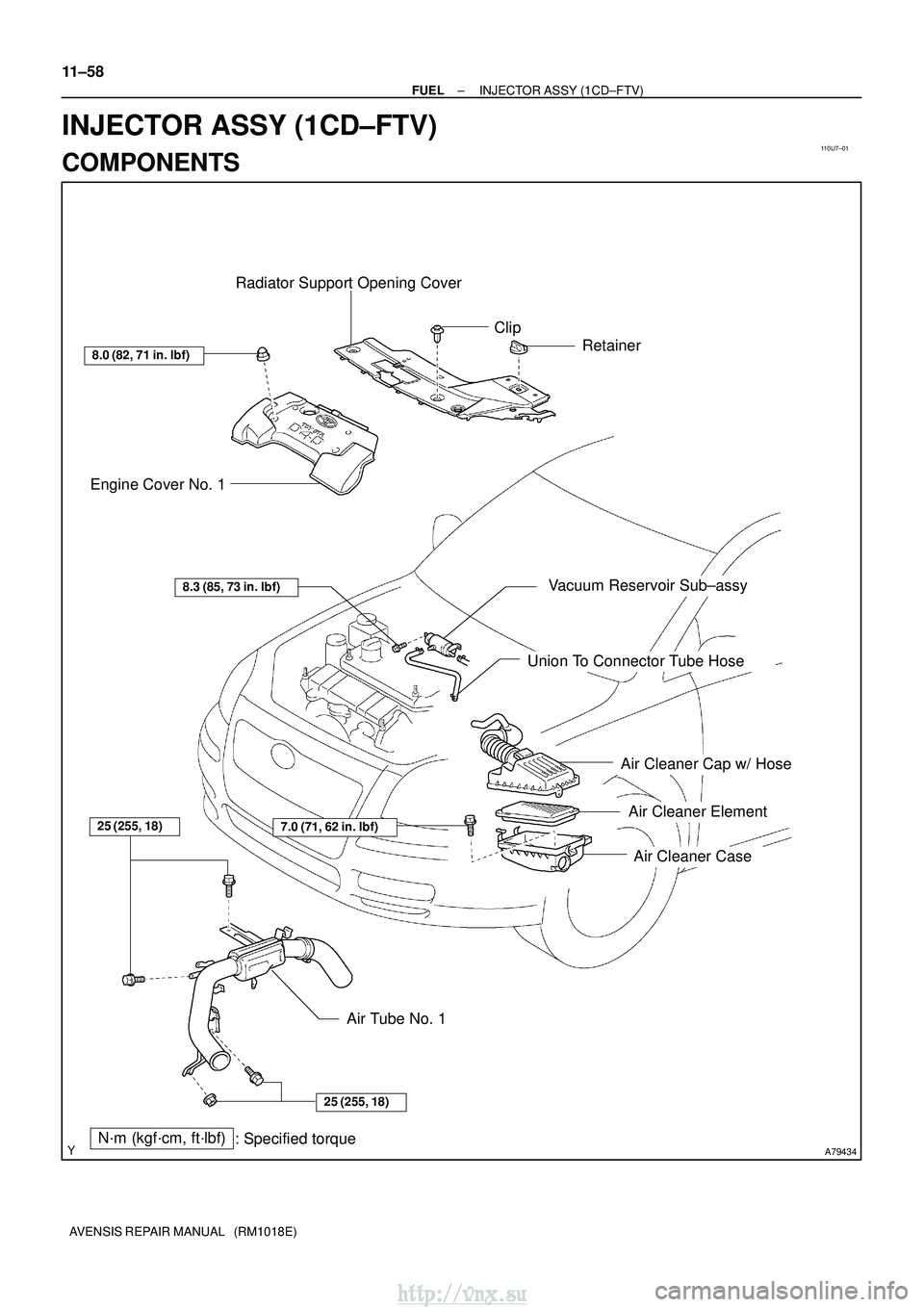 TOYOTA AVENSIS 2003  Service Repair Manual 110U7±01
A79434
Radiator Support Opening Cover
Engine Cover No. 1
Vacuum Reservoir Sub±assy
Union To Connector Tube Hose
Air Cleaner Cap w/ Hose
Air Cleaner Element
Air Cleaner Case
N´m (kgf´cm, f